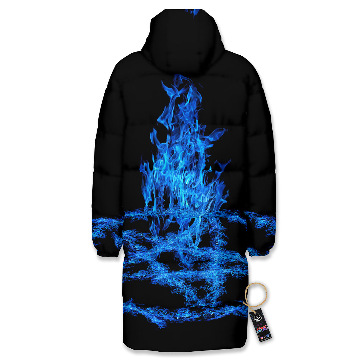 Pentagram Blue Flame Print Long Down Jacket-grizzshop