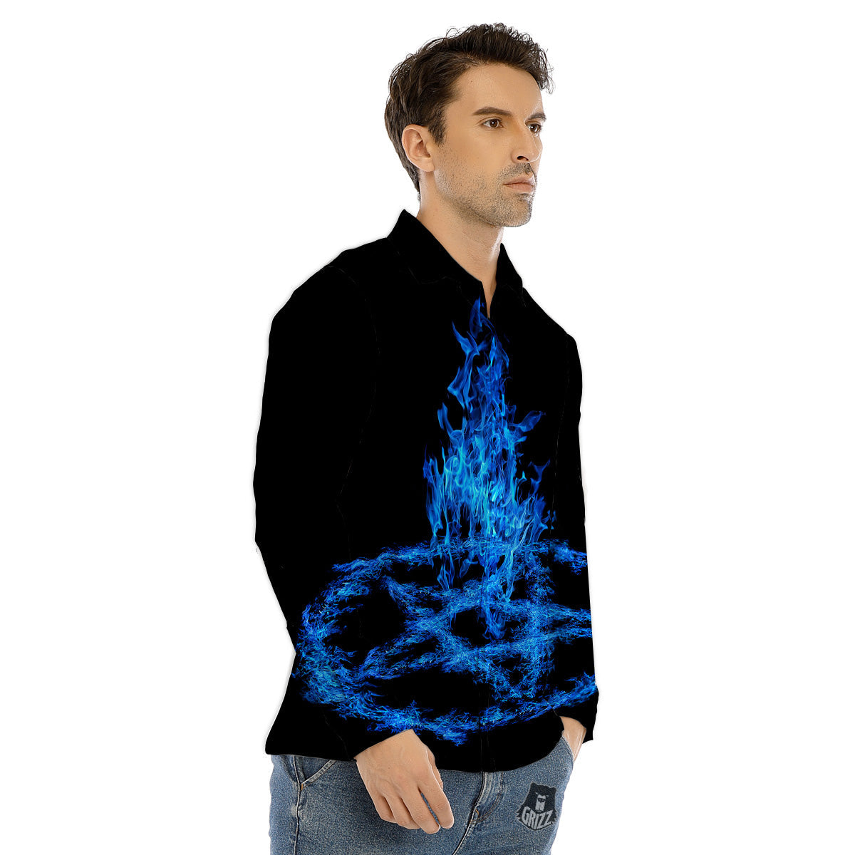 Pentagram Blue Flame Print Men's Dress Shirts-grizzshop