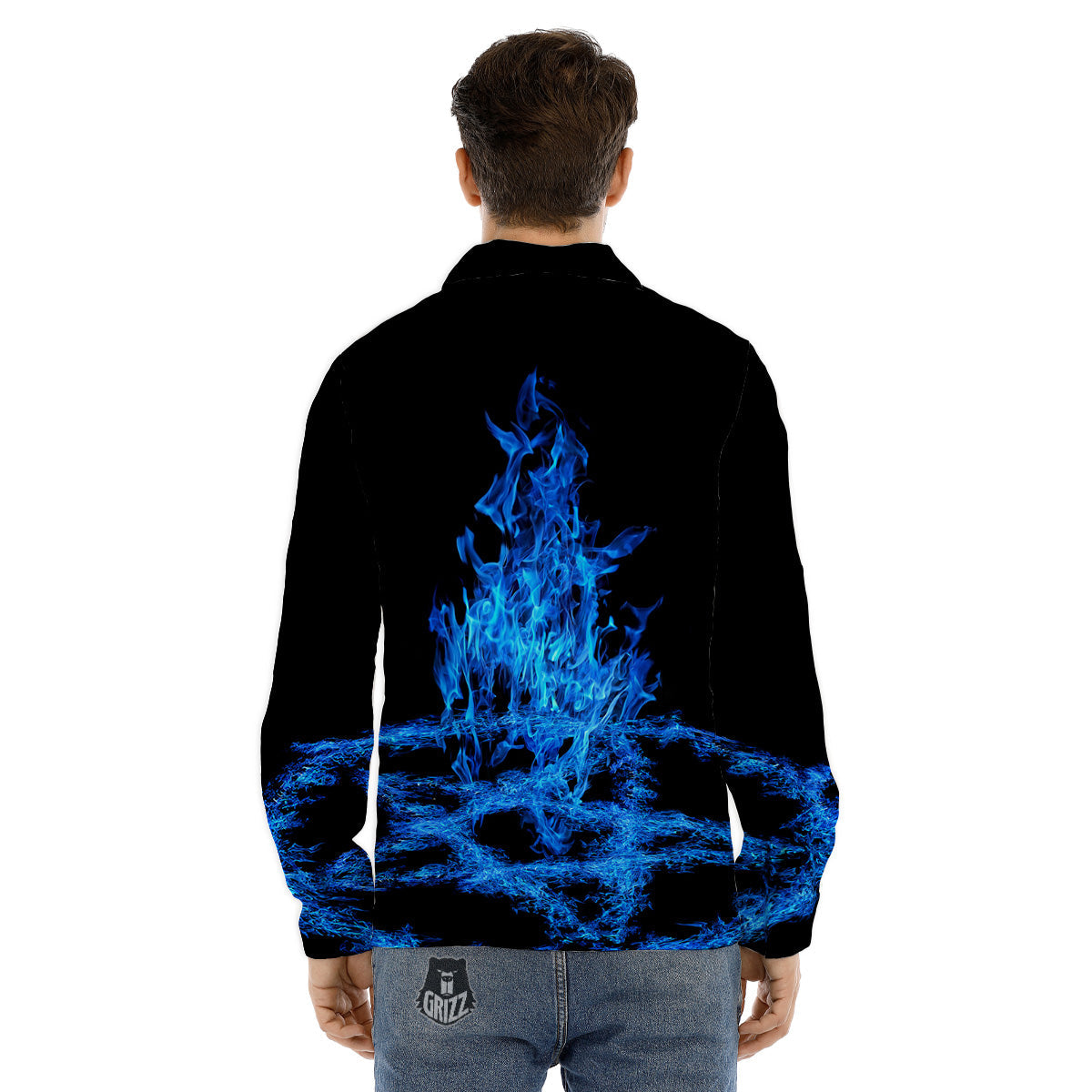 Pentagram Blue Flame Print Men's Dress Shirts-grizzshop