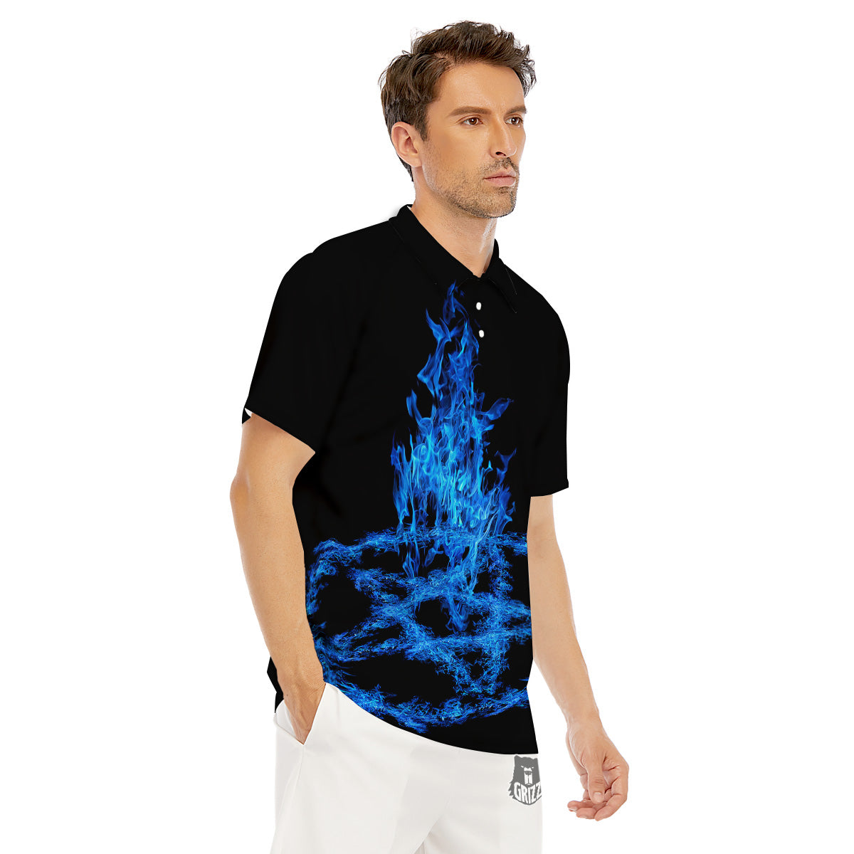 Pentagram Blue Flame Print Men's Golf Shirts-grizzshop