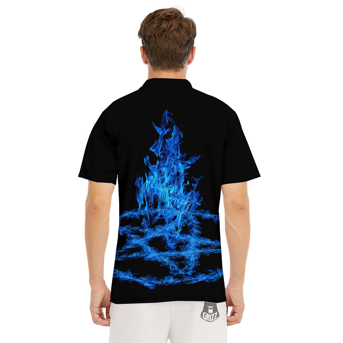 Pentagram Blue Flame Print Men's Golf Shirts-grizzshop