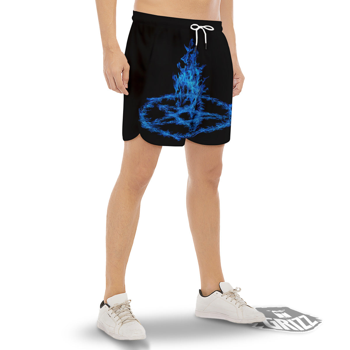 Pentagram Blue Flame Print Men's Gym Shorts-grizzshop