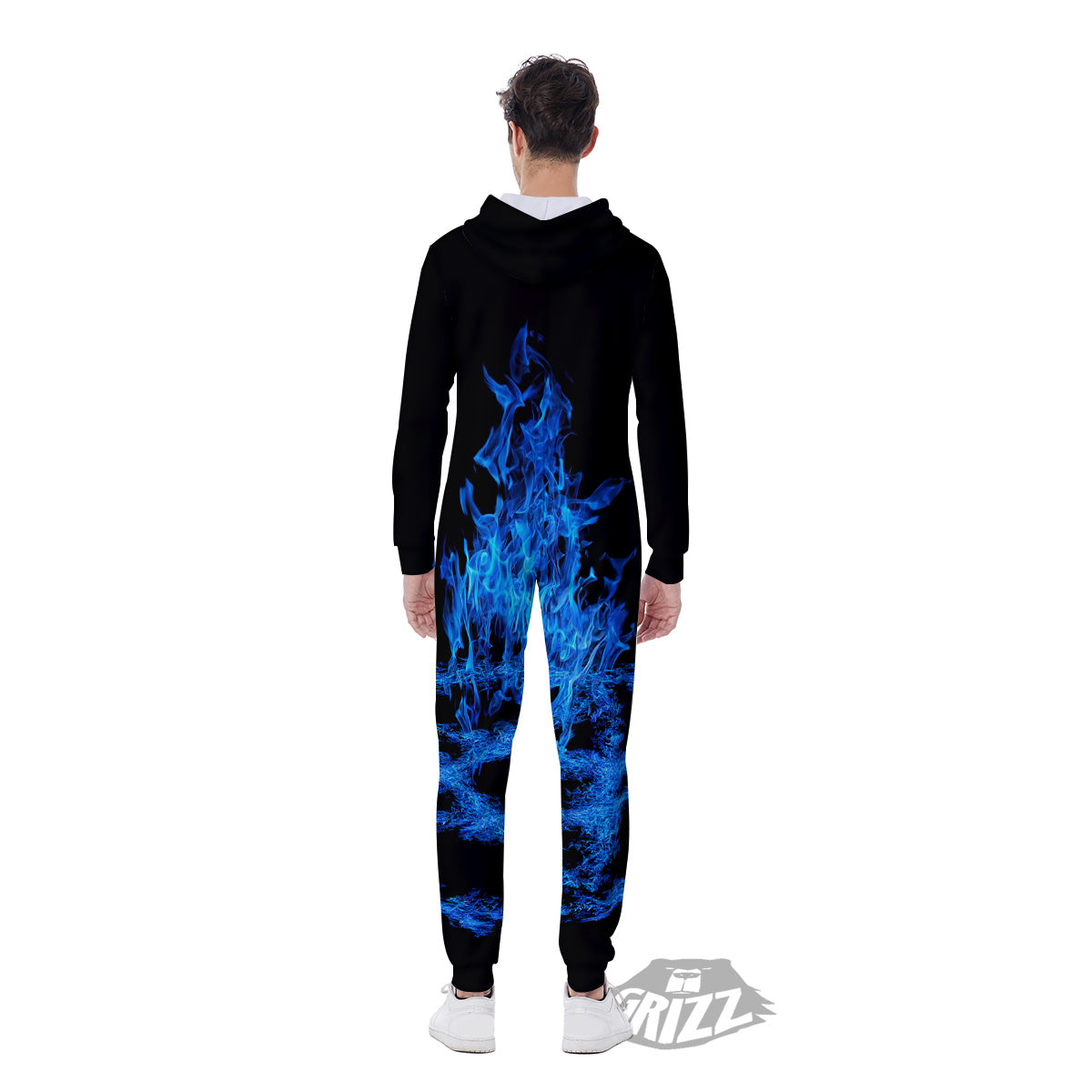 Pentagram Blue Flame Print Men's Jumpsuit-grizzshop