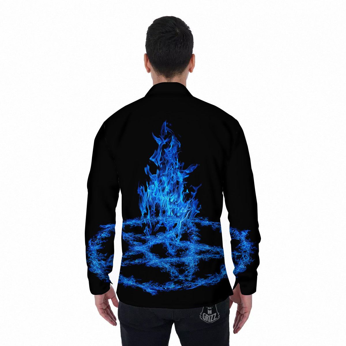 Pentagram Blue Flame Print Men's Long Sleeve Shirts-grizzshop
