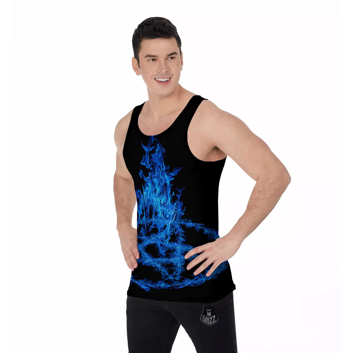 Pentagram Blue Flame Print Men's Tank Top-grizzshop