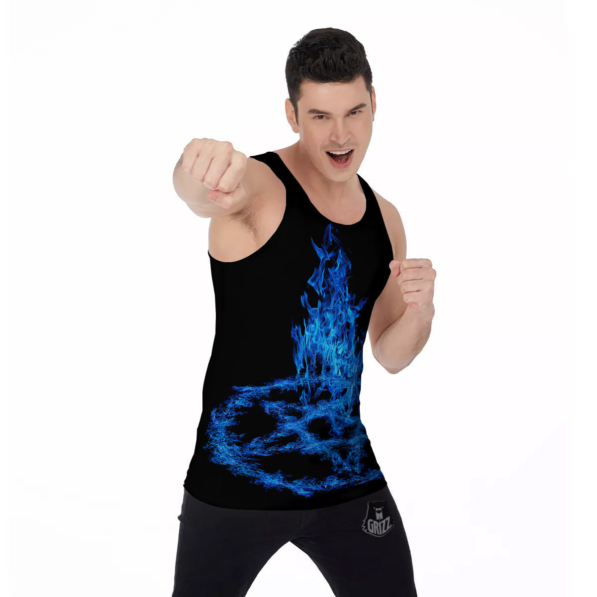 Pentagram Blue Flame Print Men's Tank Top-grizzshop