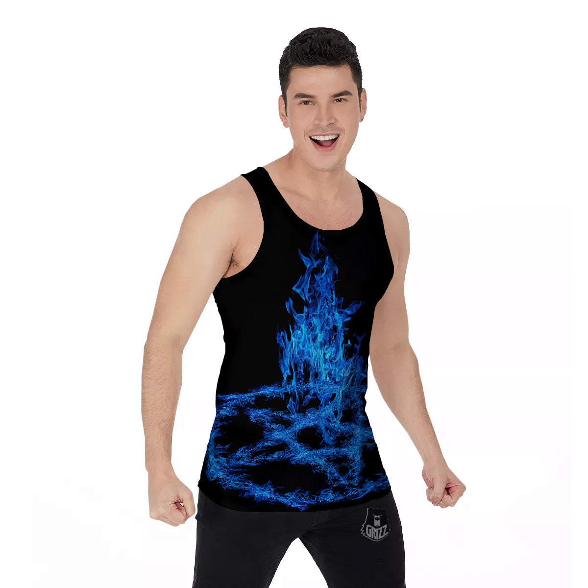 Pentagram Blue Flame Print Men's Tank Top-grizzshop