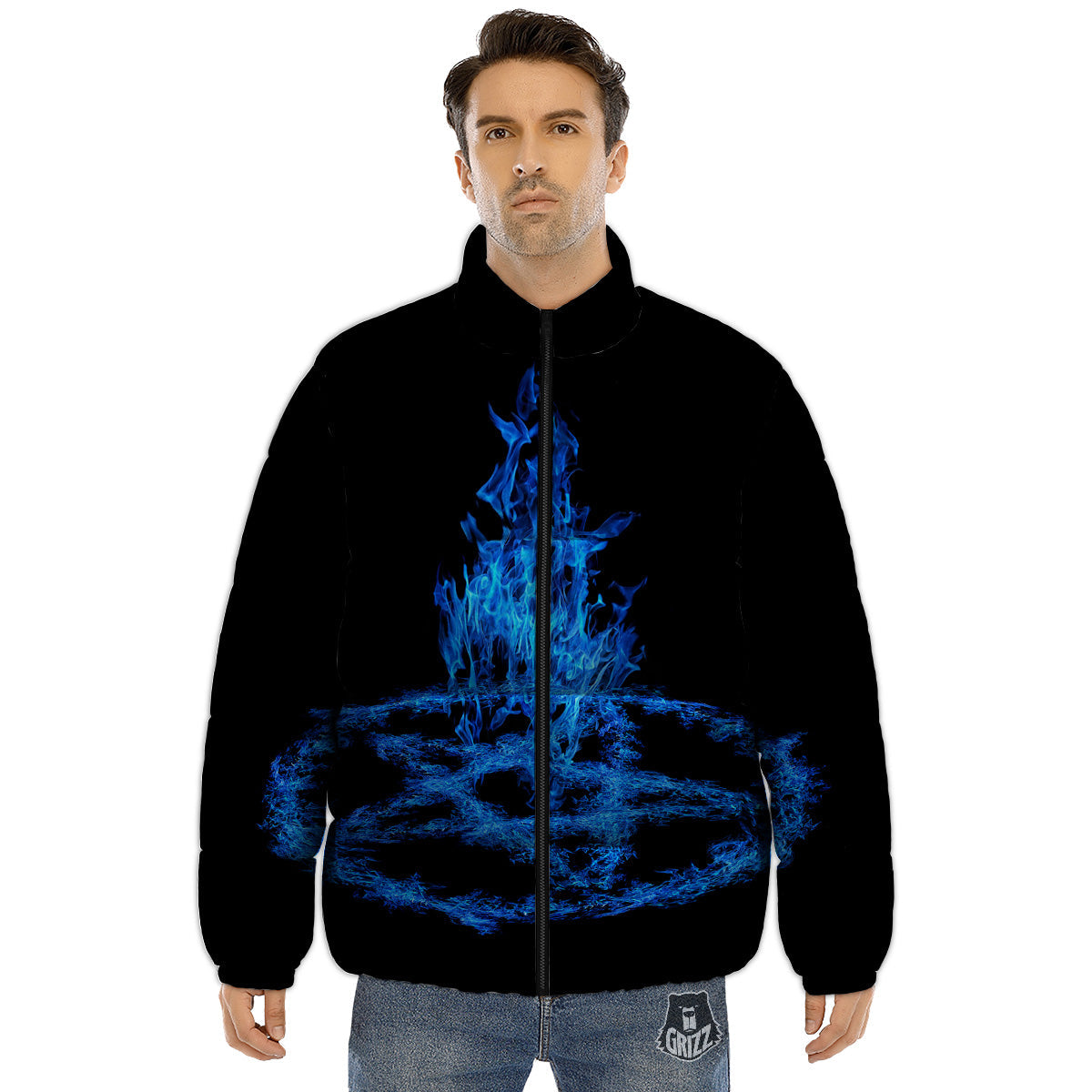 Pentagram Blue Flame Print Puffer Jacket-grizzshop