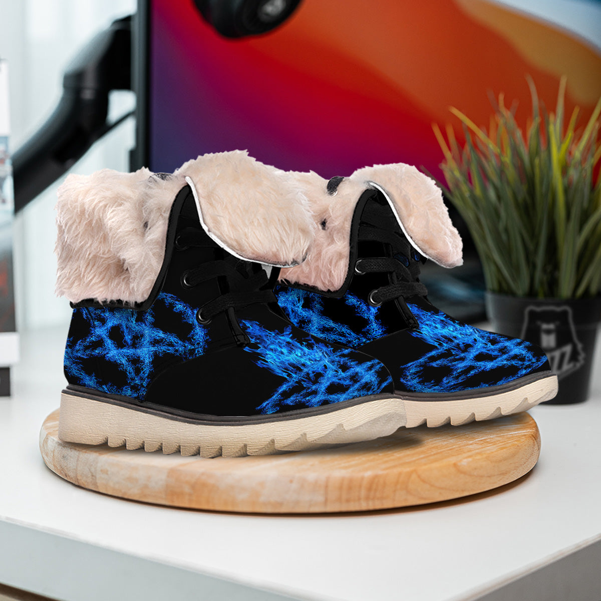 Pentagram Blue Flame Print Snow Boots-grizzshop