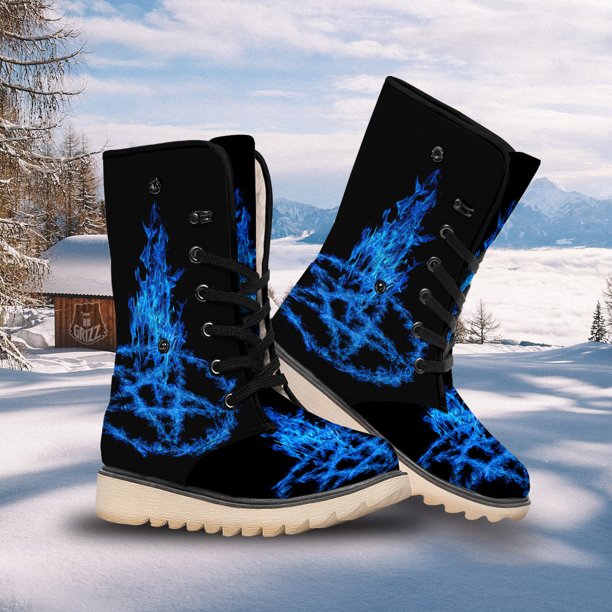 Pentagram Blue Flame Print Snow Boots-grizzshop