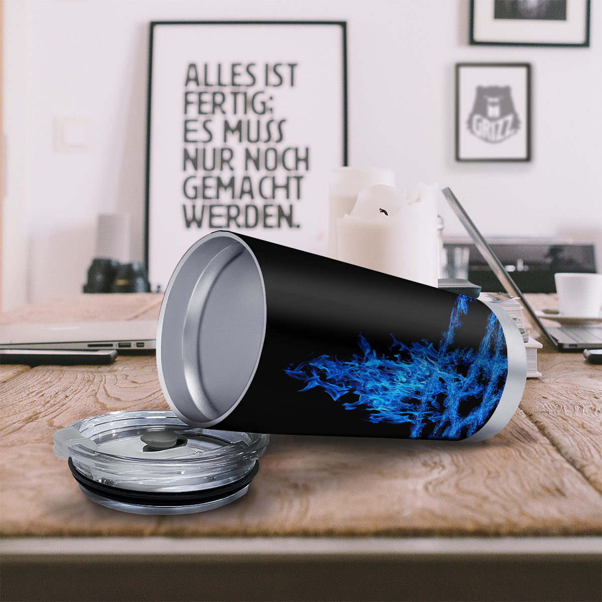 Pentagram Blue Flame Print Tumbler-grizzshop