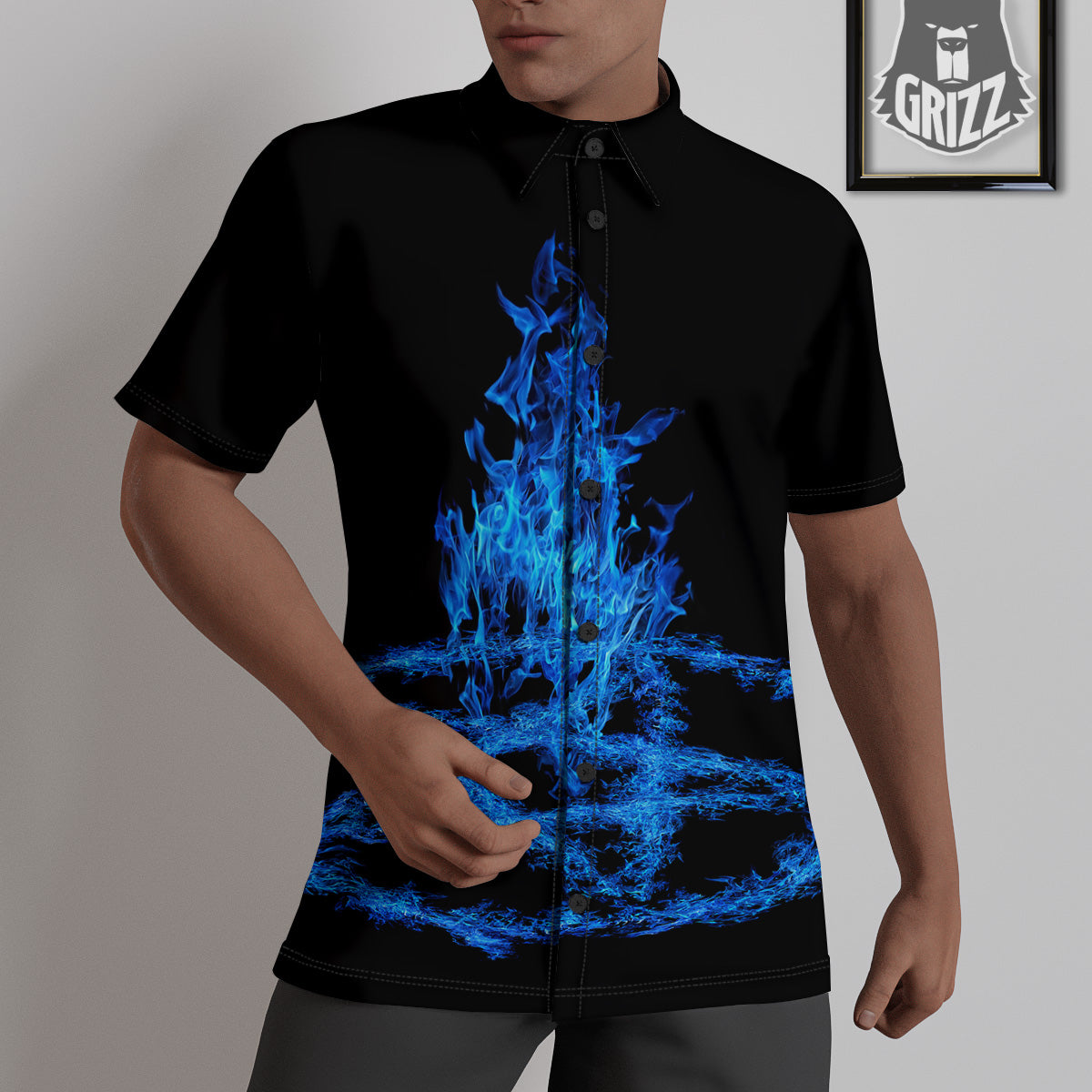 Pentagram Blue Flame Print Untucked Shirts-grizzshop