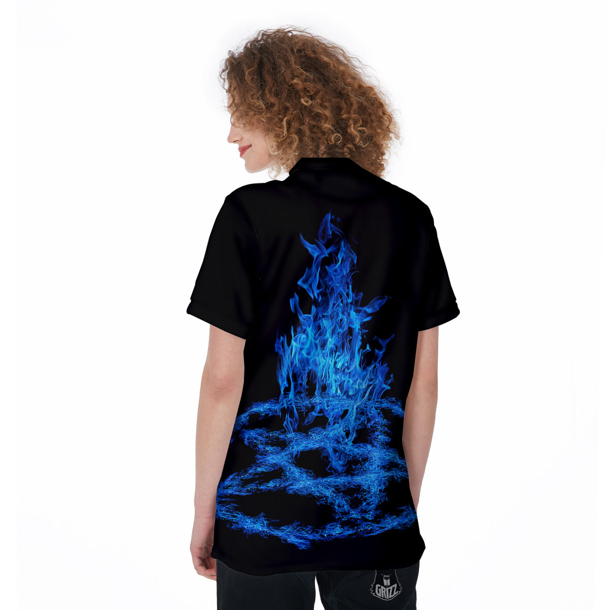 Pentagram Blue Flame Print Women's Golf Shirts-grizzshop