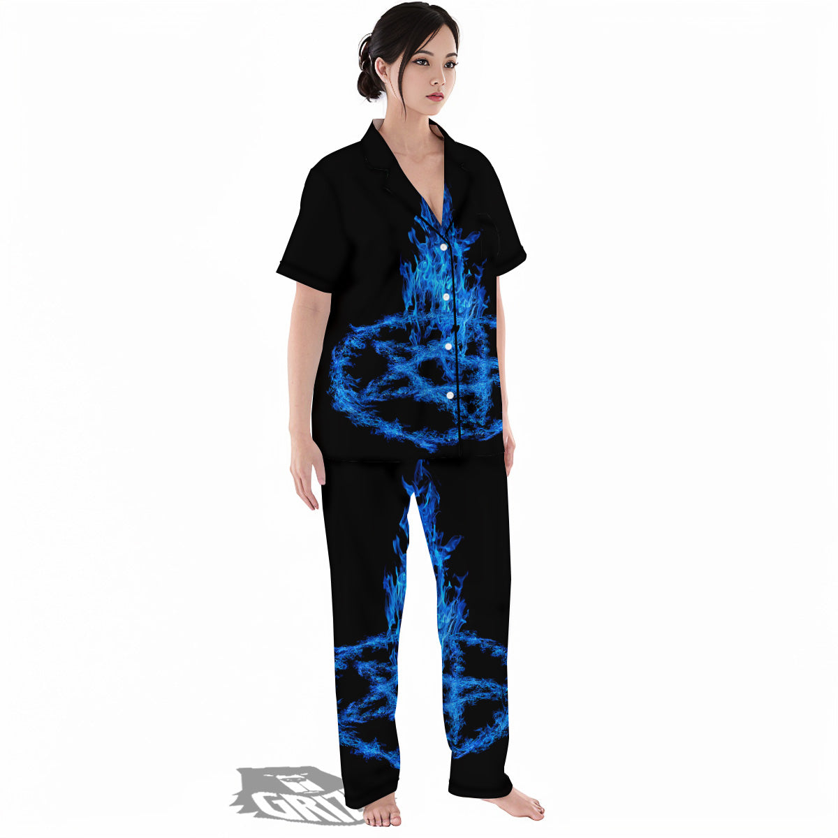 Pentagram Blue Flame Print Women's Pajamas Set-grizzshop
