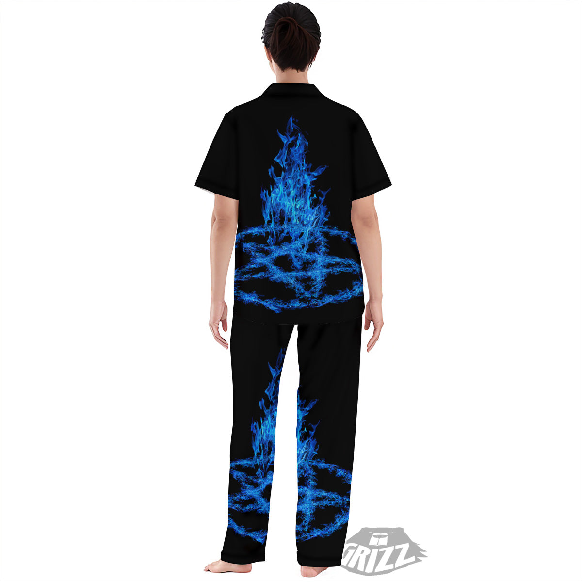 Pentagram Blue Flame Print Women's Pajamas Set-grizzshop