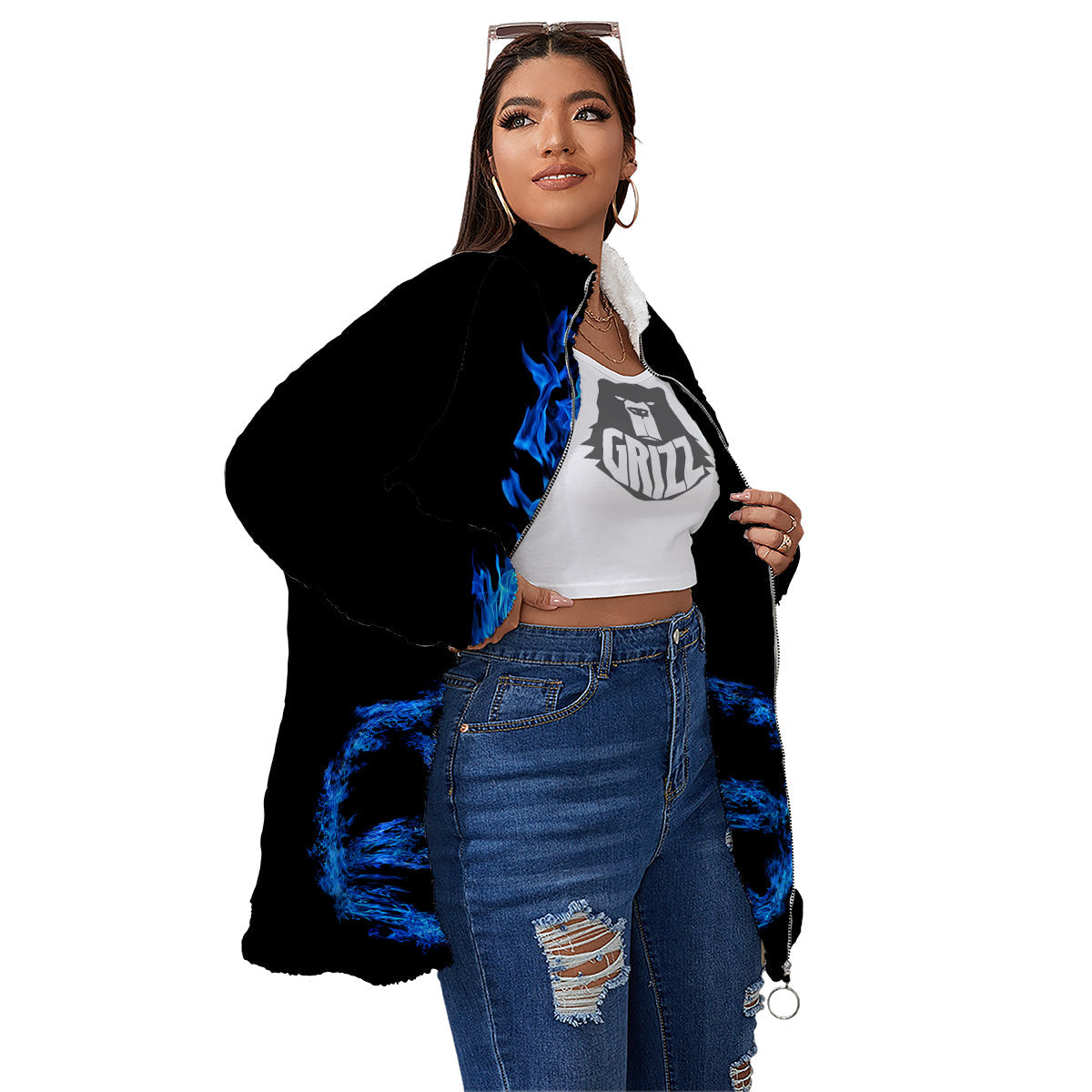Pentagram Blue Flame Print Women's Sherpa Jacket-grizzshop