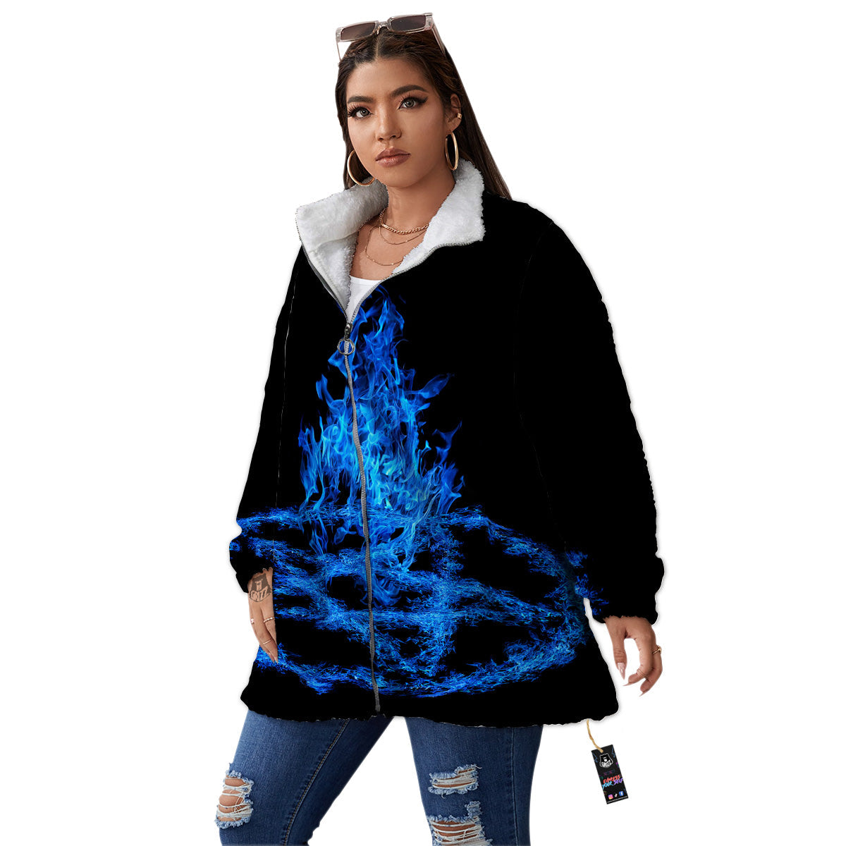 Pentagram Blue Flame Print Women's Sherpa Jacket-grizzshop