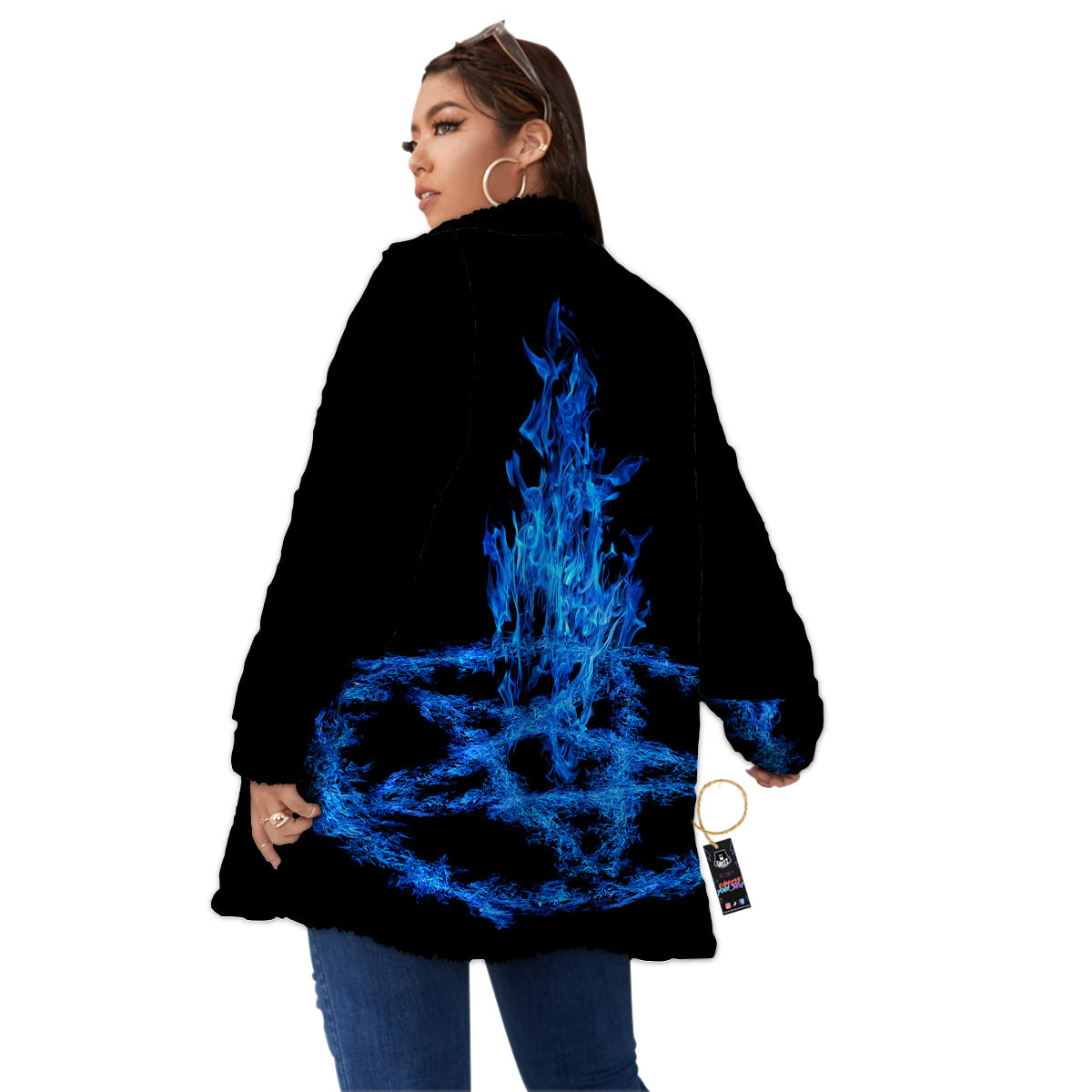 Pentagram Blue Flame Print Women's Sherpa Jacket-grizzshop