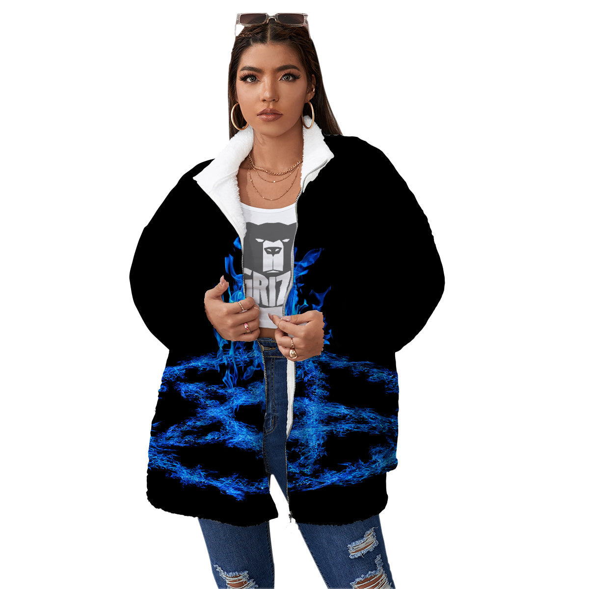 Pentagram Blue Flame Print Women's Sherpa Jacket-grizzshop