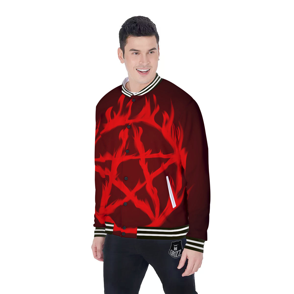 Pentagram Fiery Reversed Print Baseball Jacket-grizzshop