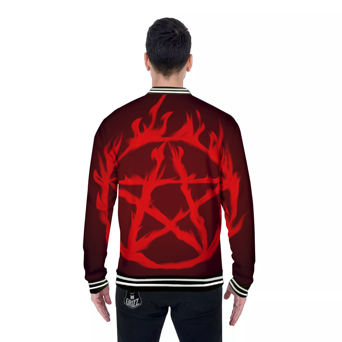 Pentagram Fiery Reversed Print Baseball Jacket-grizzshop