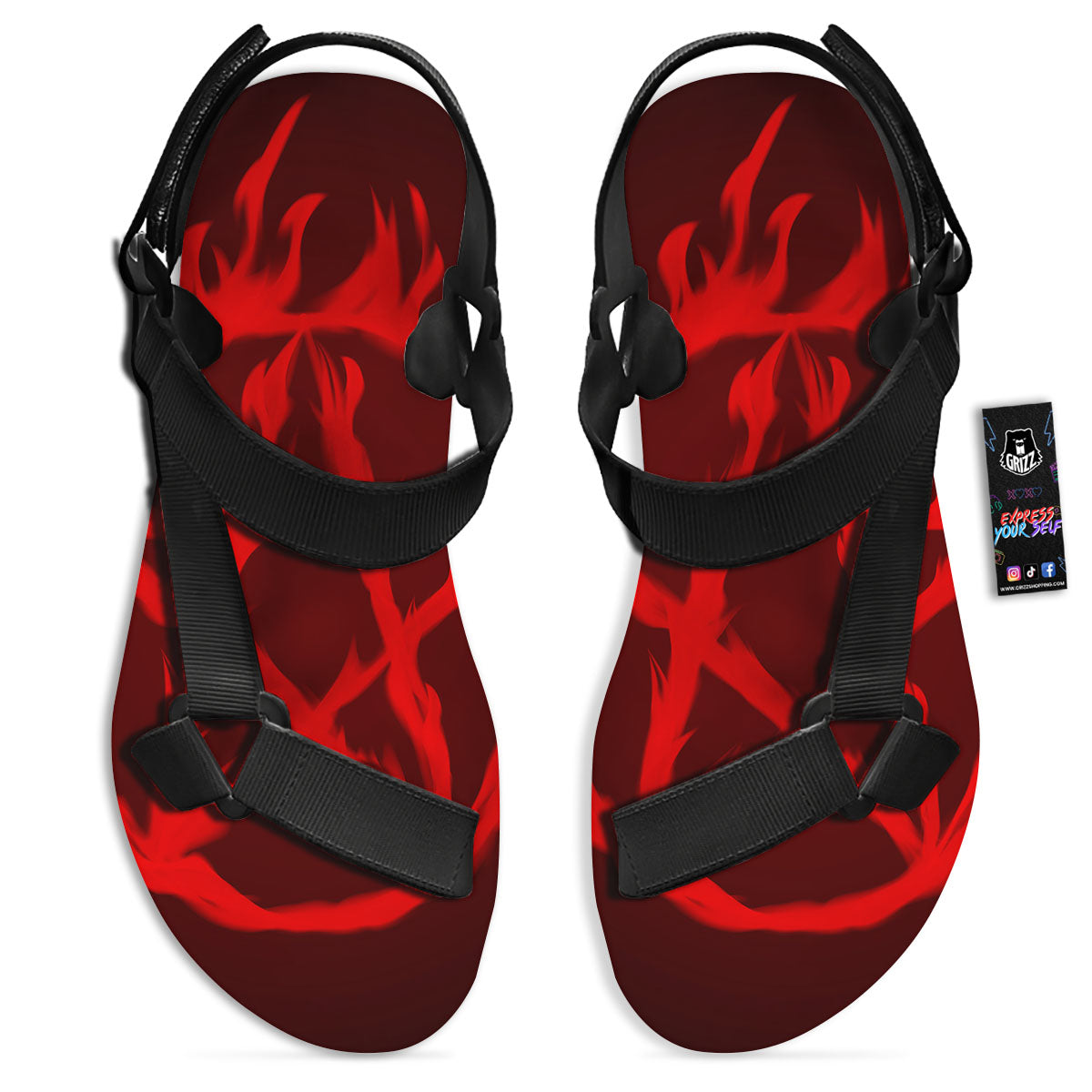 Pentagram Fiery Reversed Print Black Open Toe Sandals-grizzshop