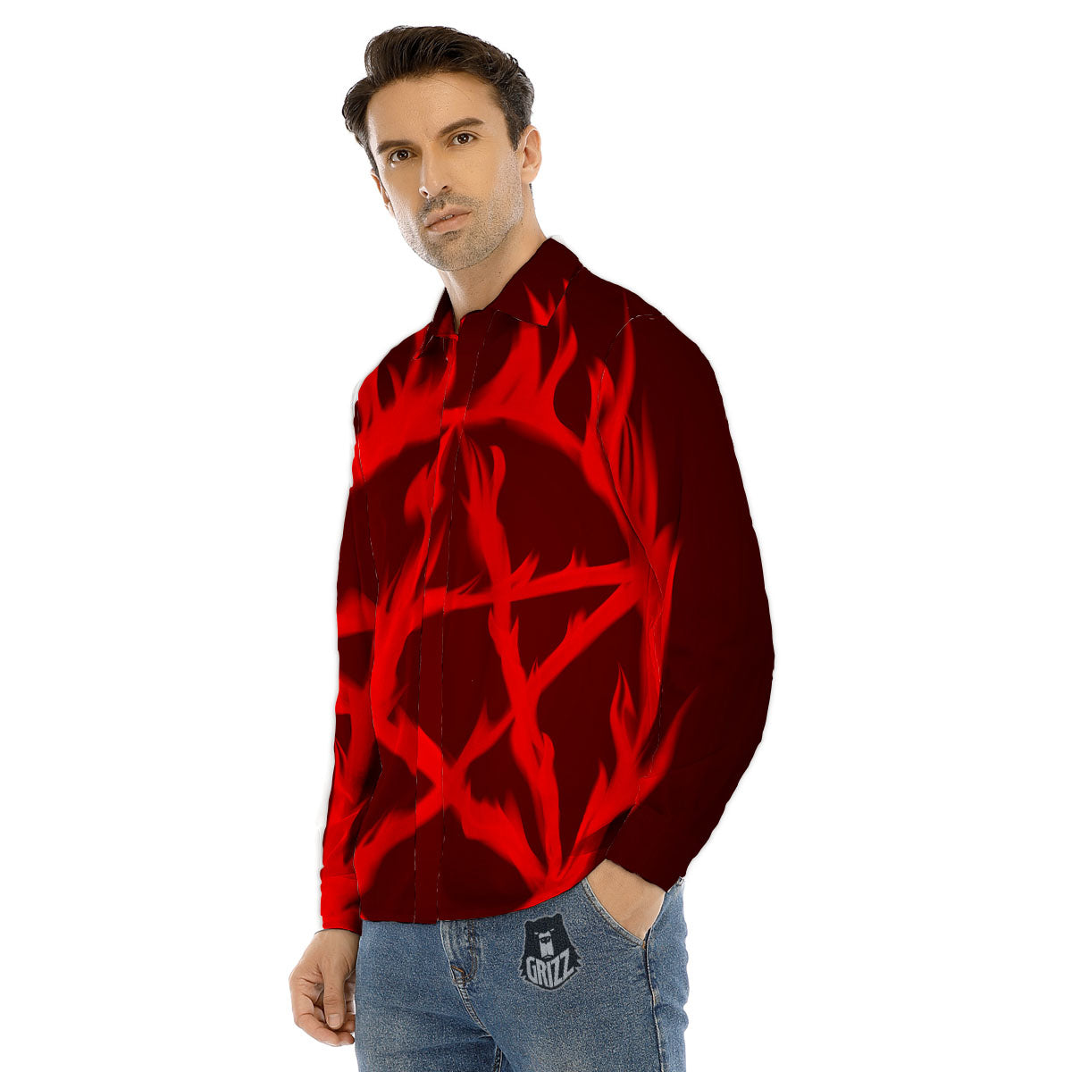 Pentagram Fiery Reversed Print Men's Dress Shirts-grizzshop
