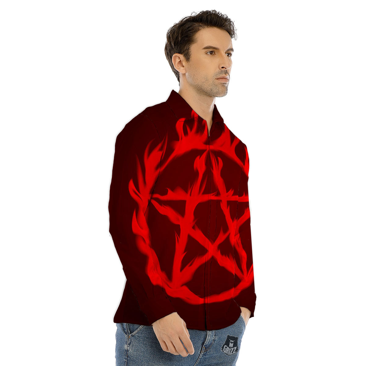 Pentagram Fiery Reversed Print Men's Dress Shirts-grizzshop