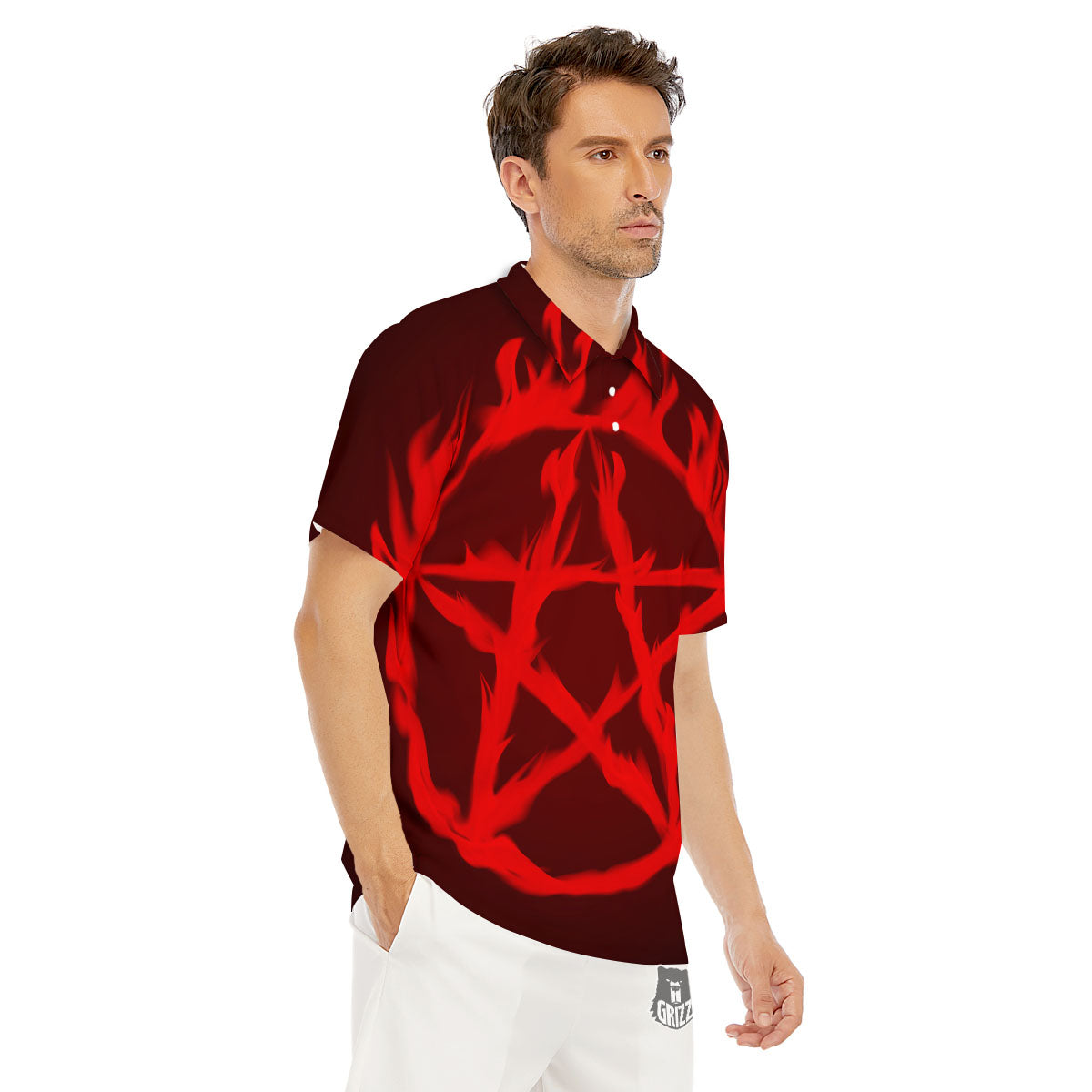 Pentagram Fiery Reversed Print Men's Golf Shirts-grizzshop