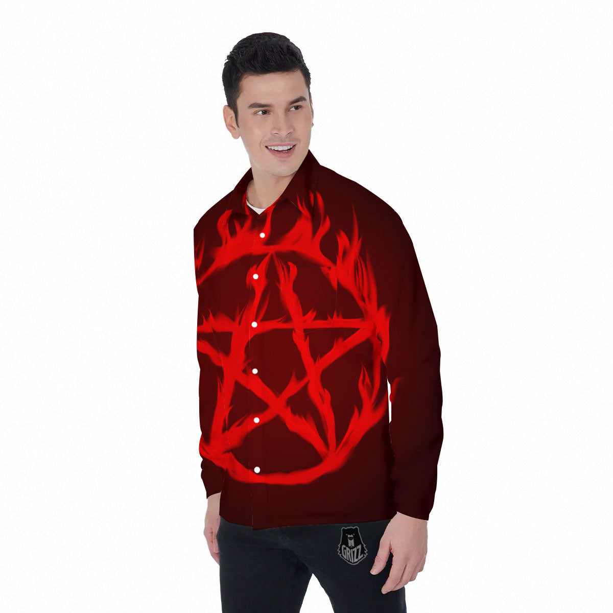 Pentagram Fiery Reversed Print Men's Long Sleeve Shirts-grizzshop