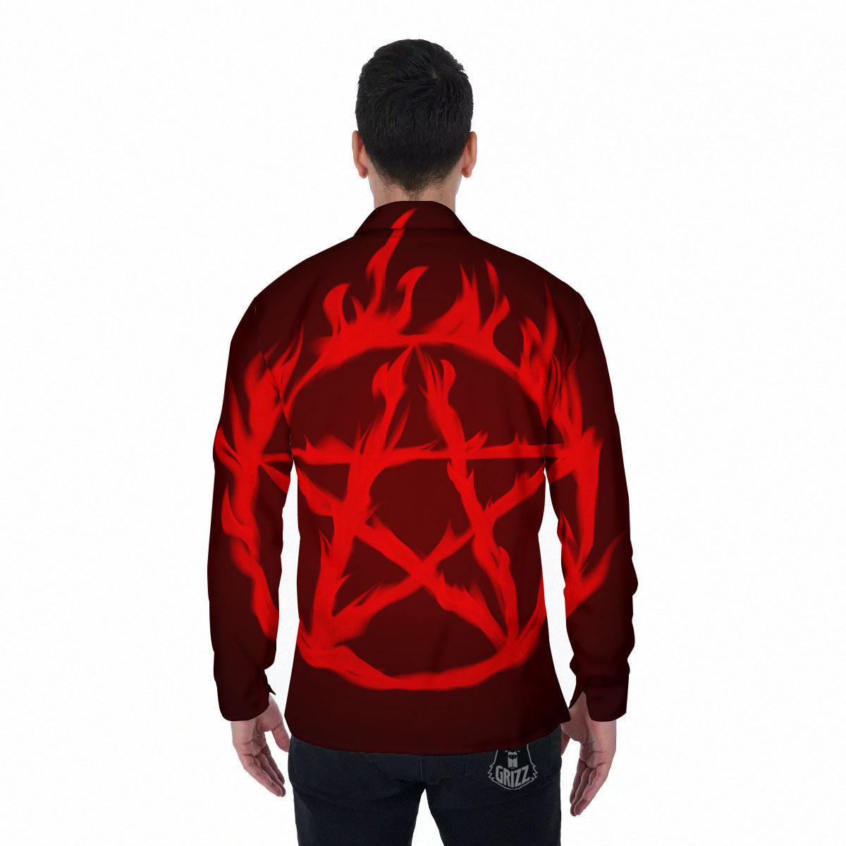 Pentagram Fiery Reversed Print Men's Long Sleeve Shirts-grizzshop