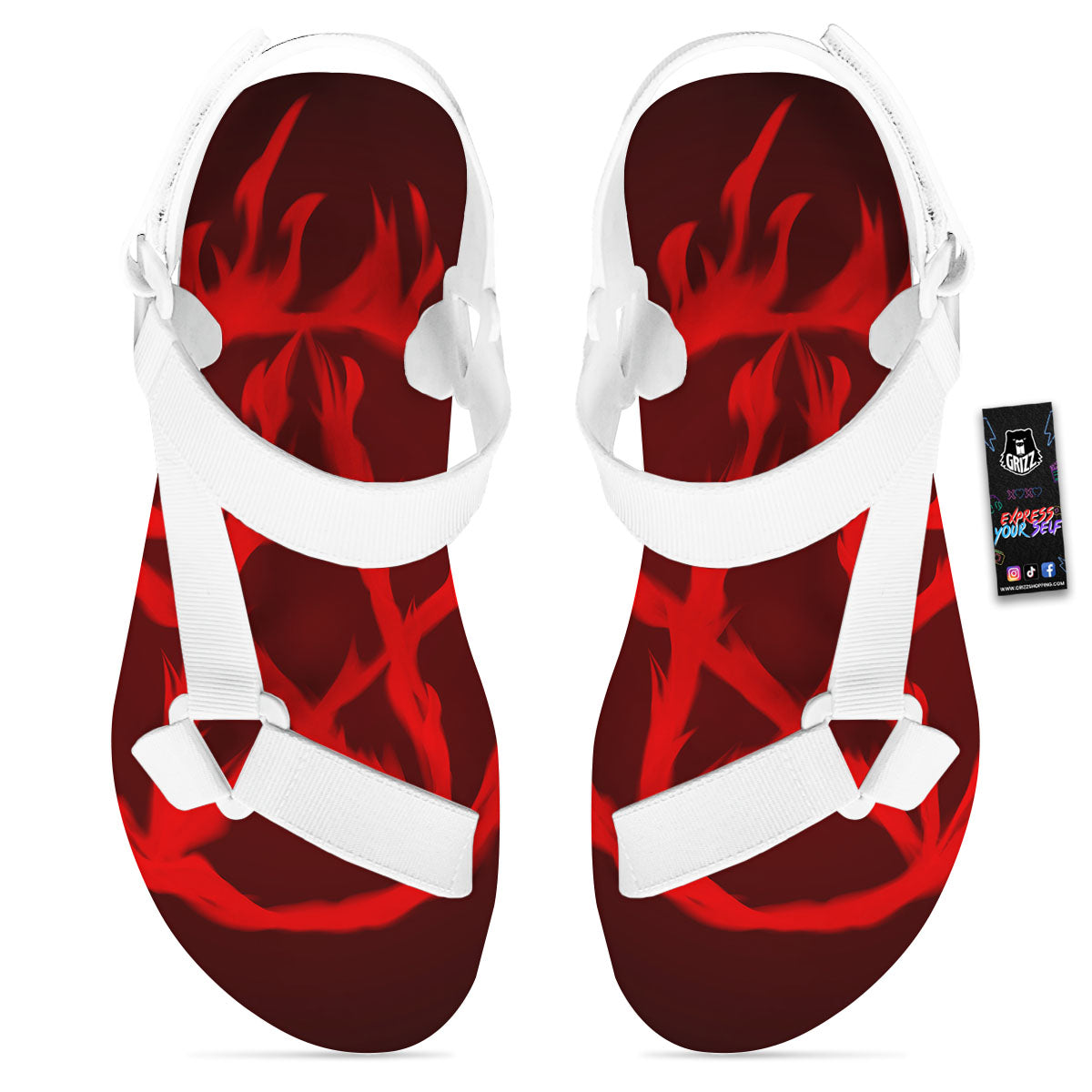 Pentagram Fiery Reversed Print White Open Toe Sandals-grizzshop