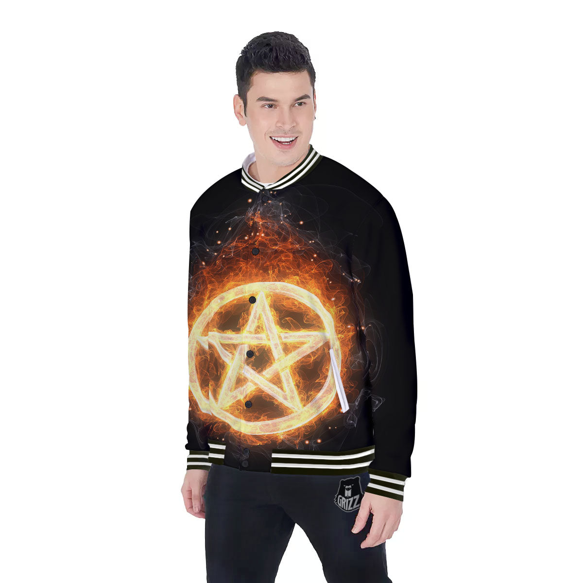 Pentagram Flame Print Baseball Jacket-grizzshop