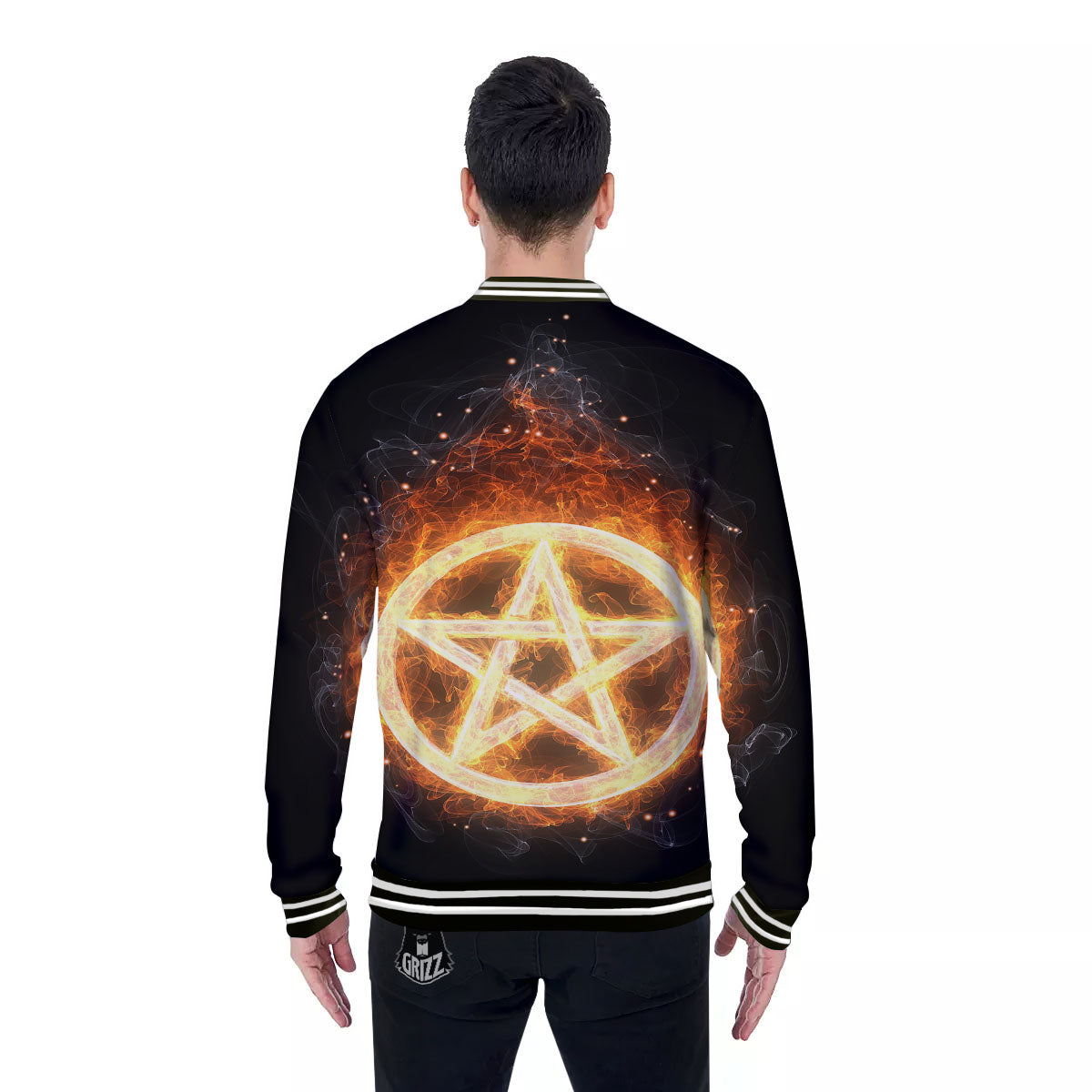 Pentagram Flame Print Baseball Jacket-grizzshop