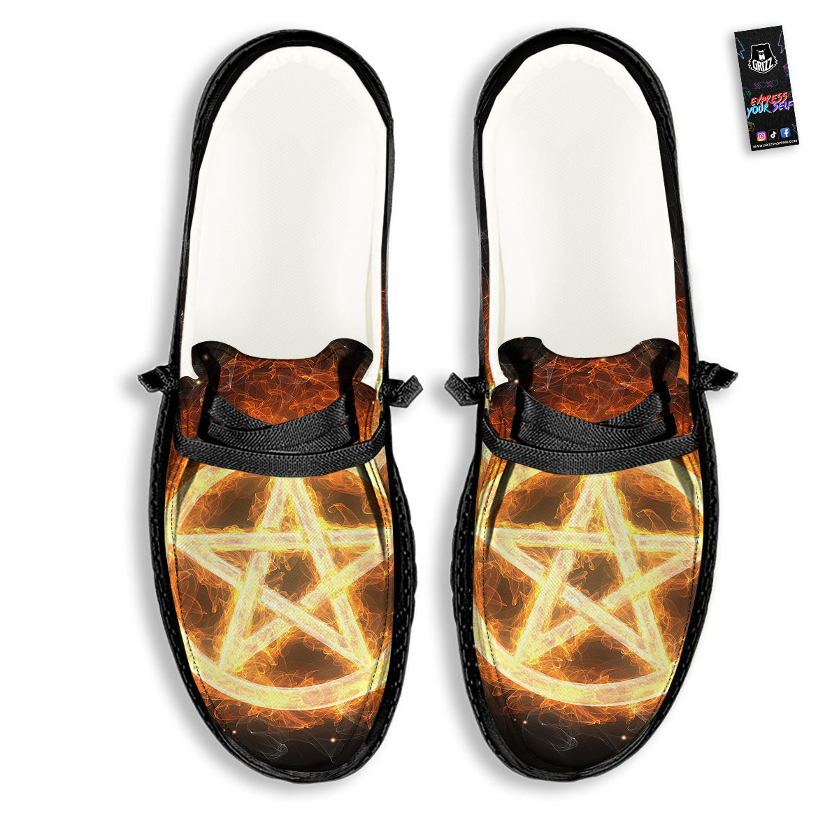 Pentagram Flame Print Black Loafers-grizzshop