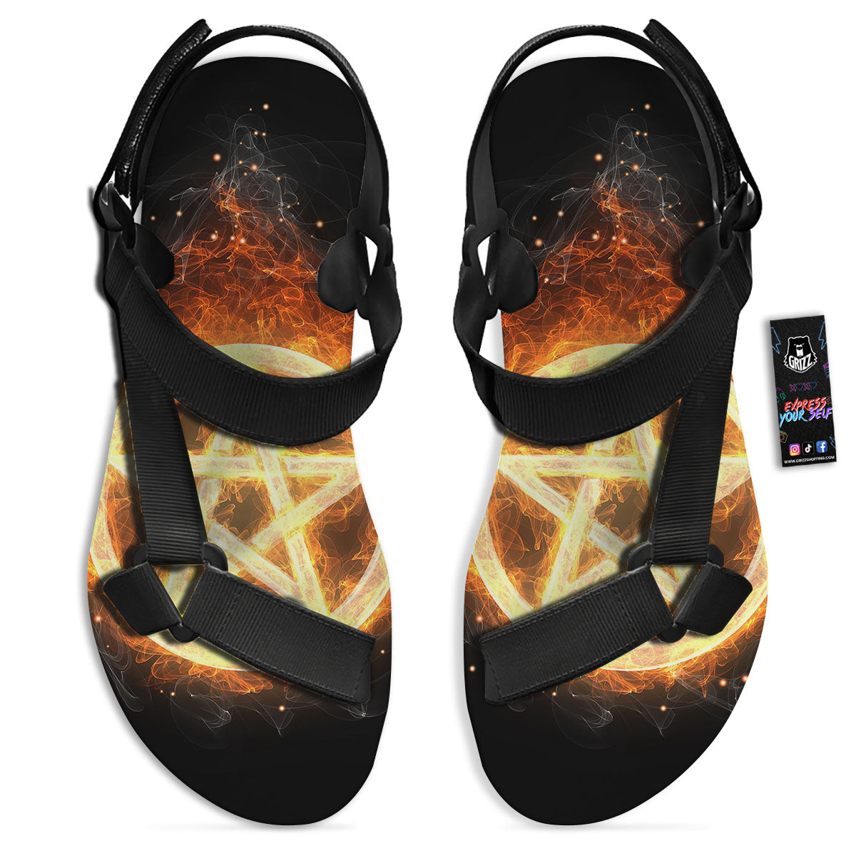 Pentagram Flame Print Black Open Toe Sandals-grizzshop