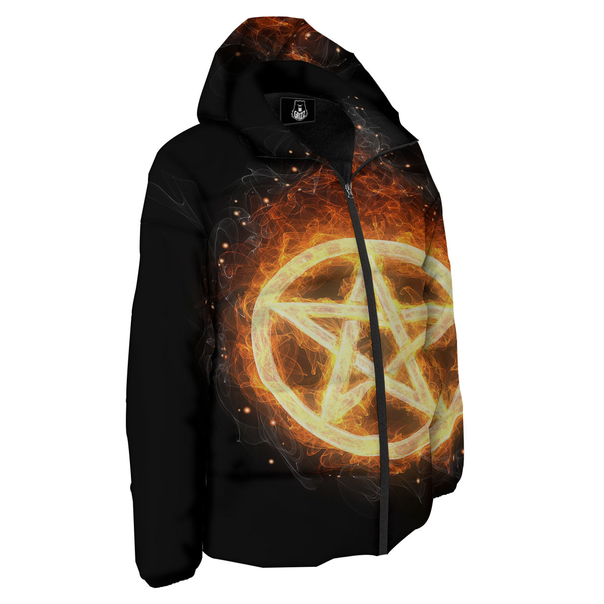 Pentagram Flame Print Down Jacket-grizzshop