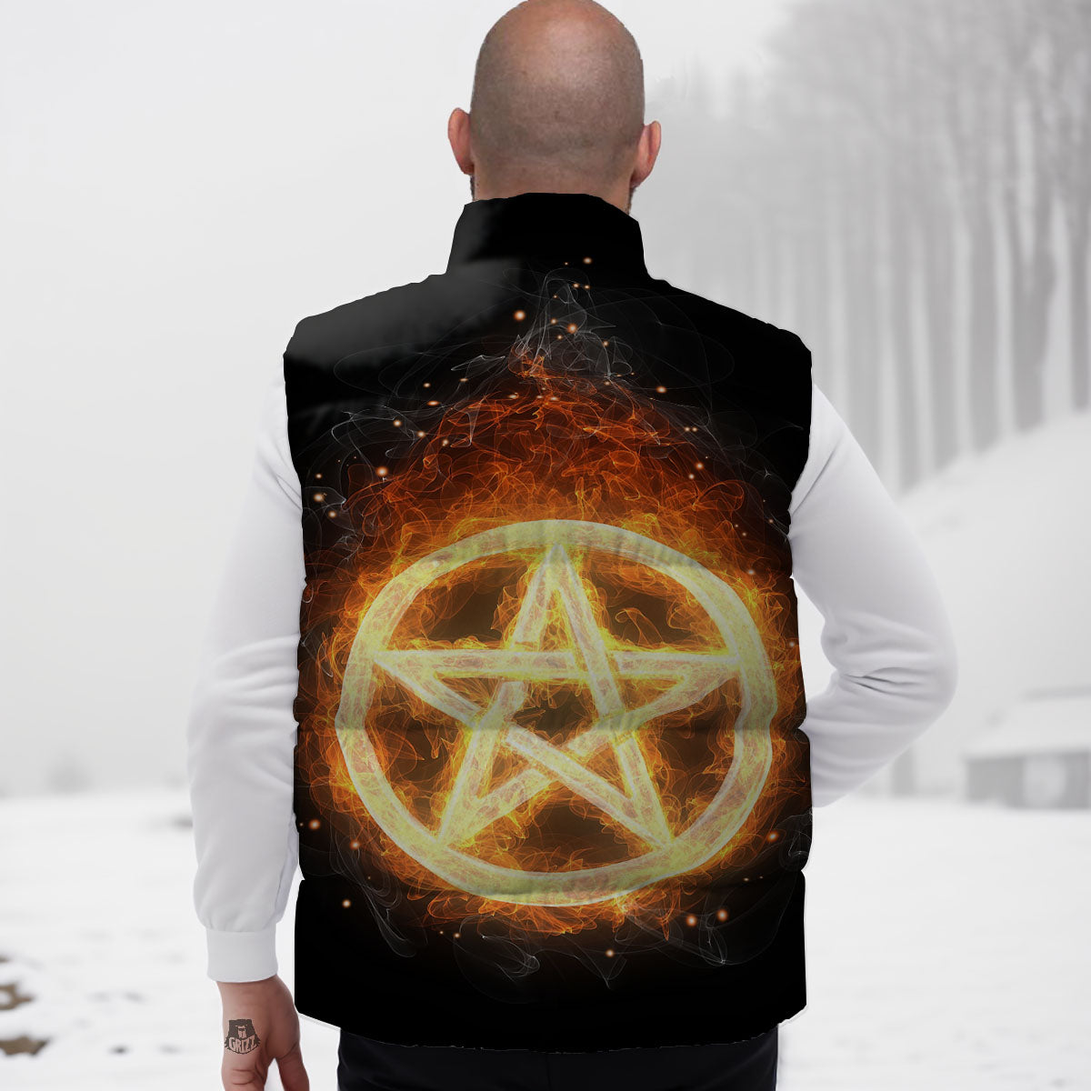 Pentagram Flame Print Down Vest-grizzshop