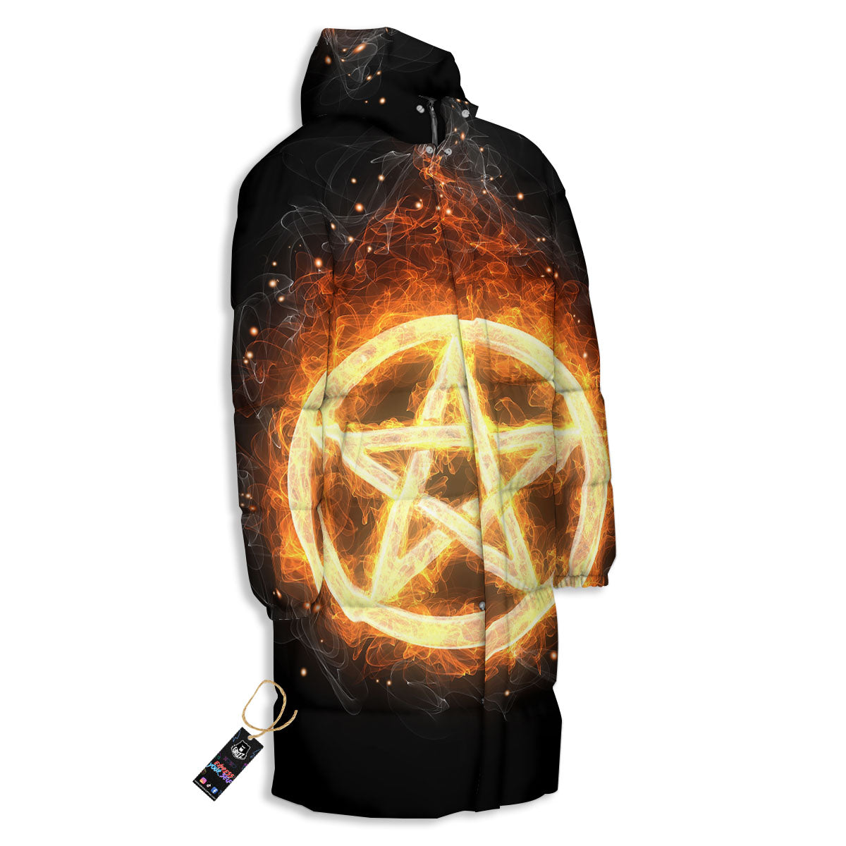 Pentagram Flame Print Long Down Jacket-grizzshop