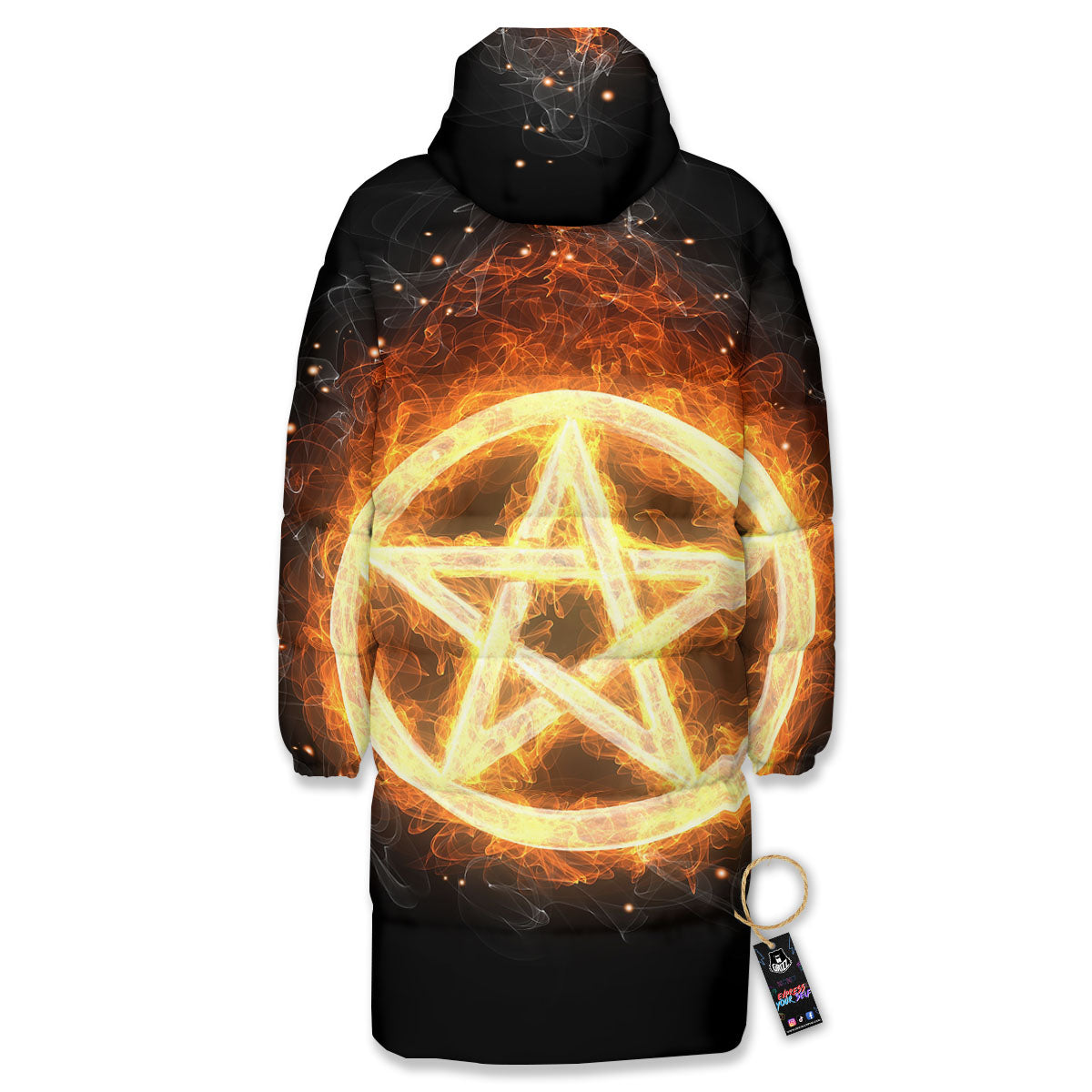 Pentagram Flame Print Long Down Jacket-grizzshop