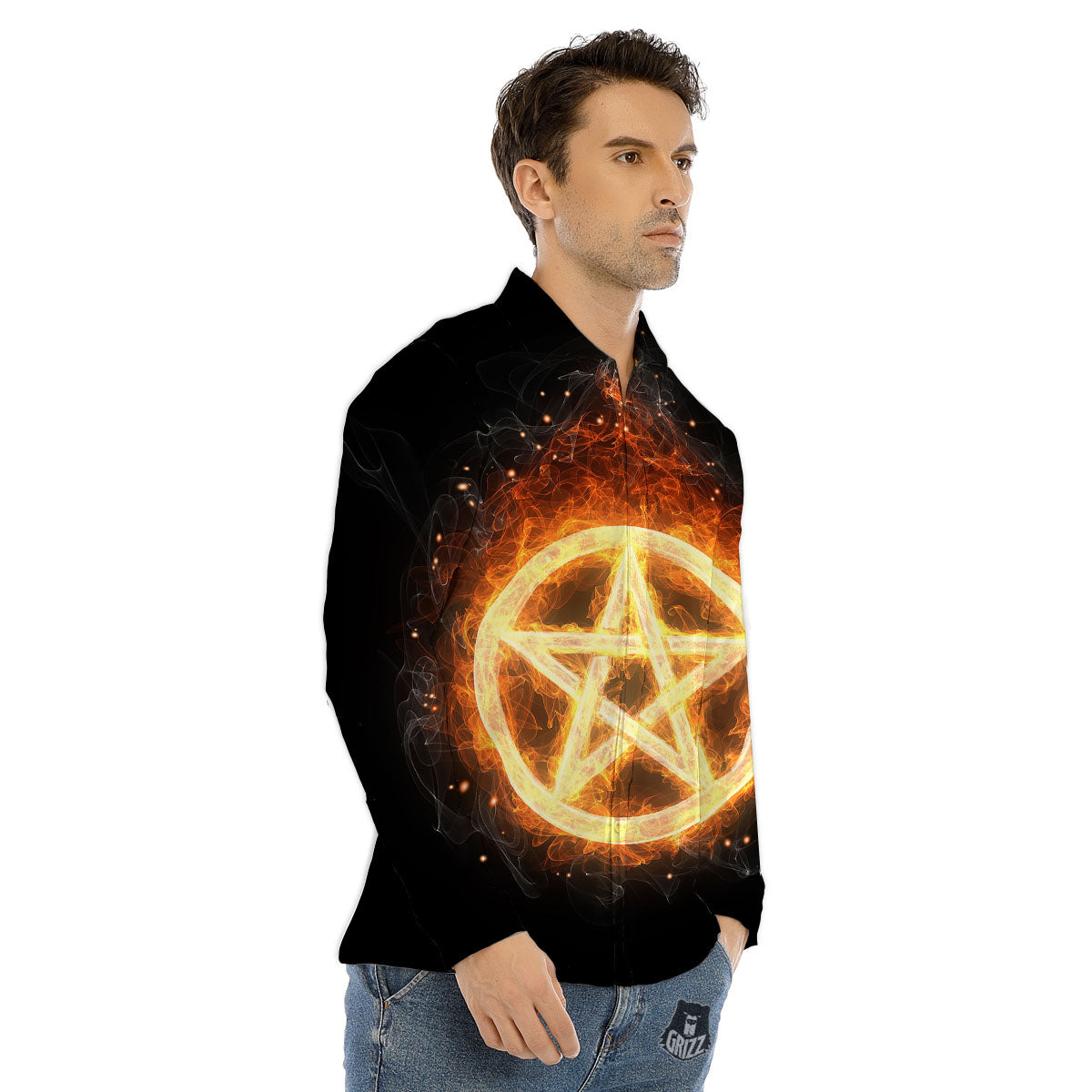 Pentagram Flame Print Men's Dress Shirts-grizzshop