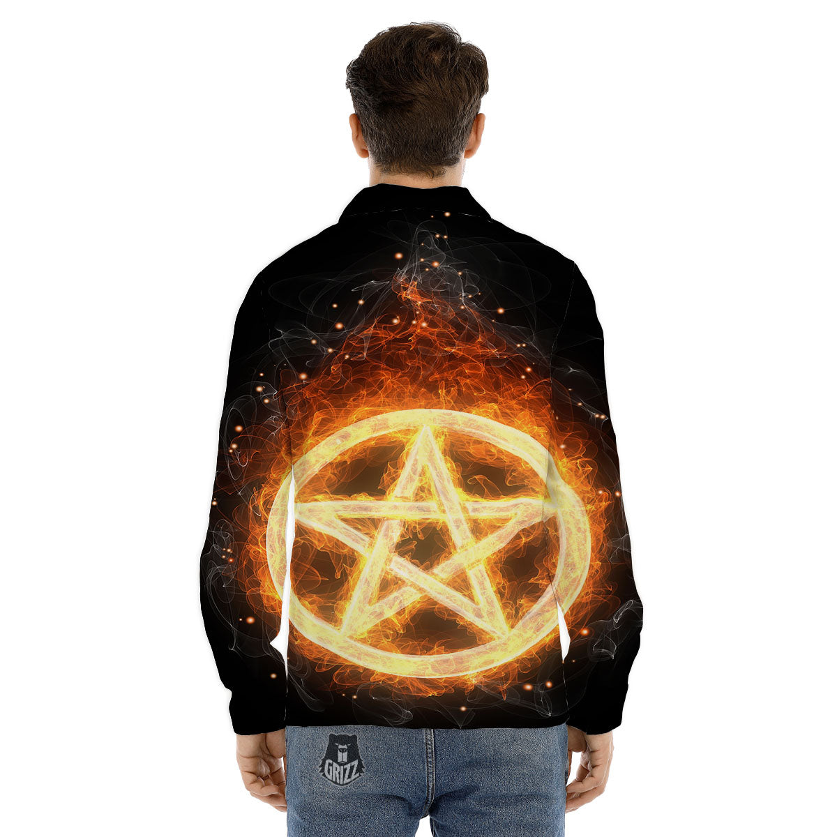 Pentagram Flame Print Men's Dress Shirts-grizzshop