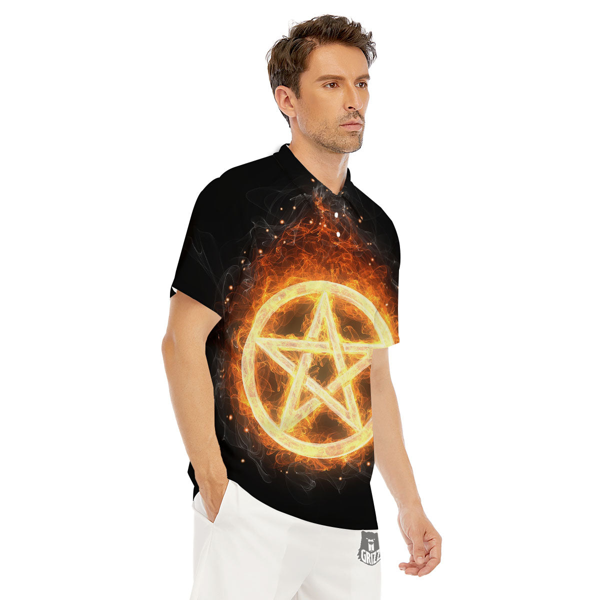 Pentagram Flame Print Men's Golf Shirts-grizzshop