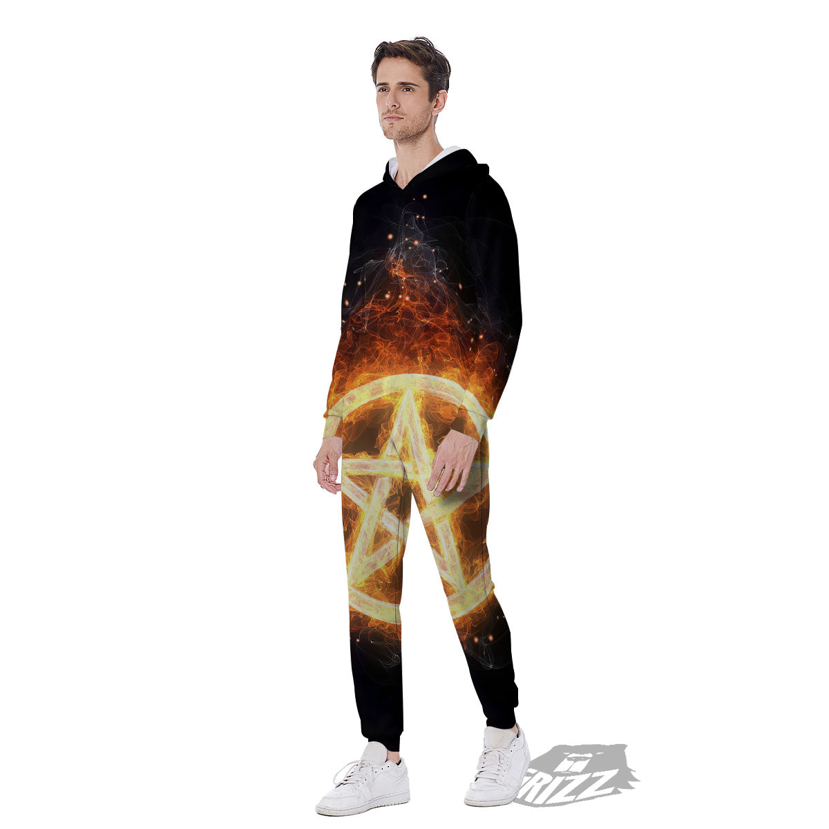 Pentagram Flame Print Men's Jumpsuit-grizzshop