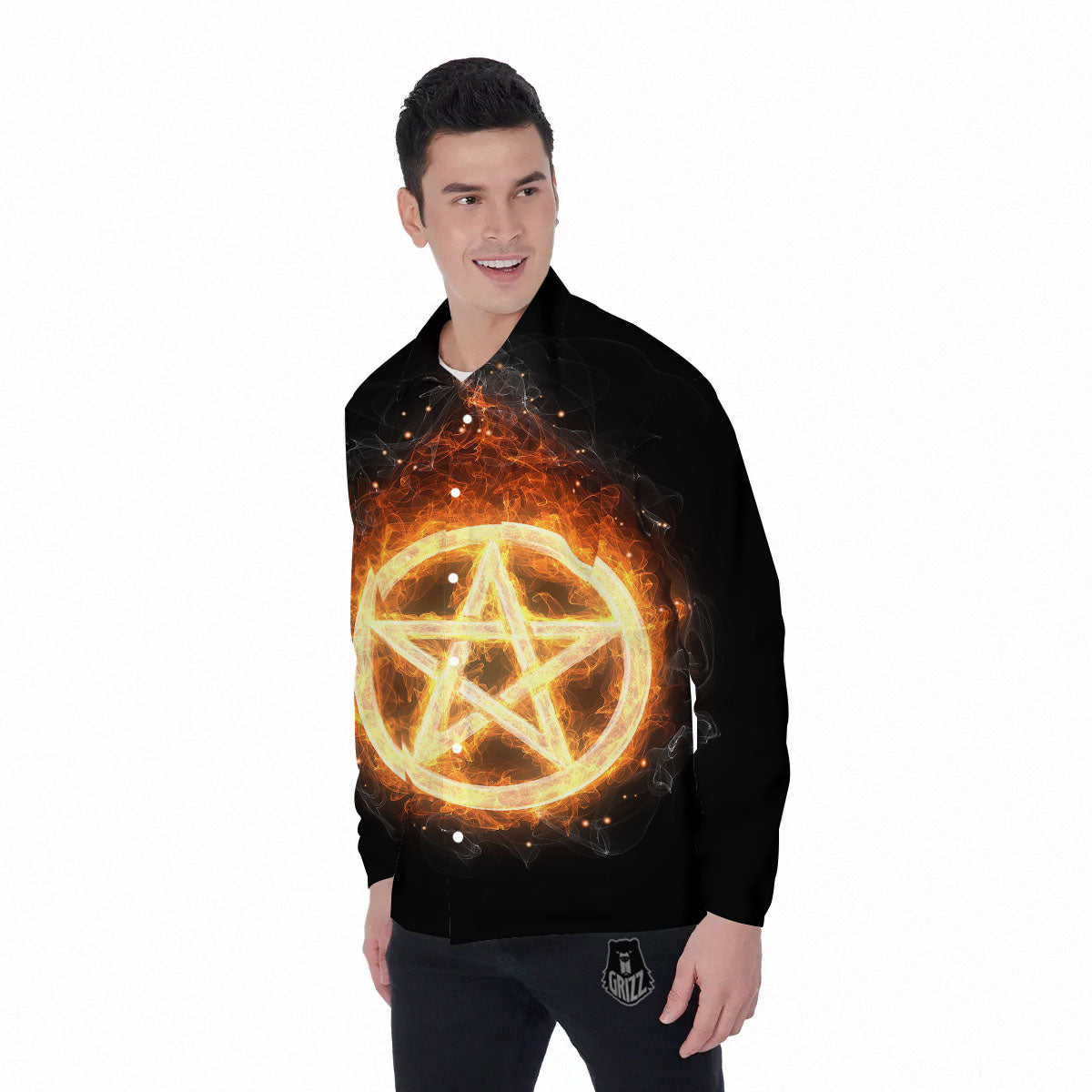 Pentagram Flame Print Men's Long Sleeve Shirts-grizzshop