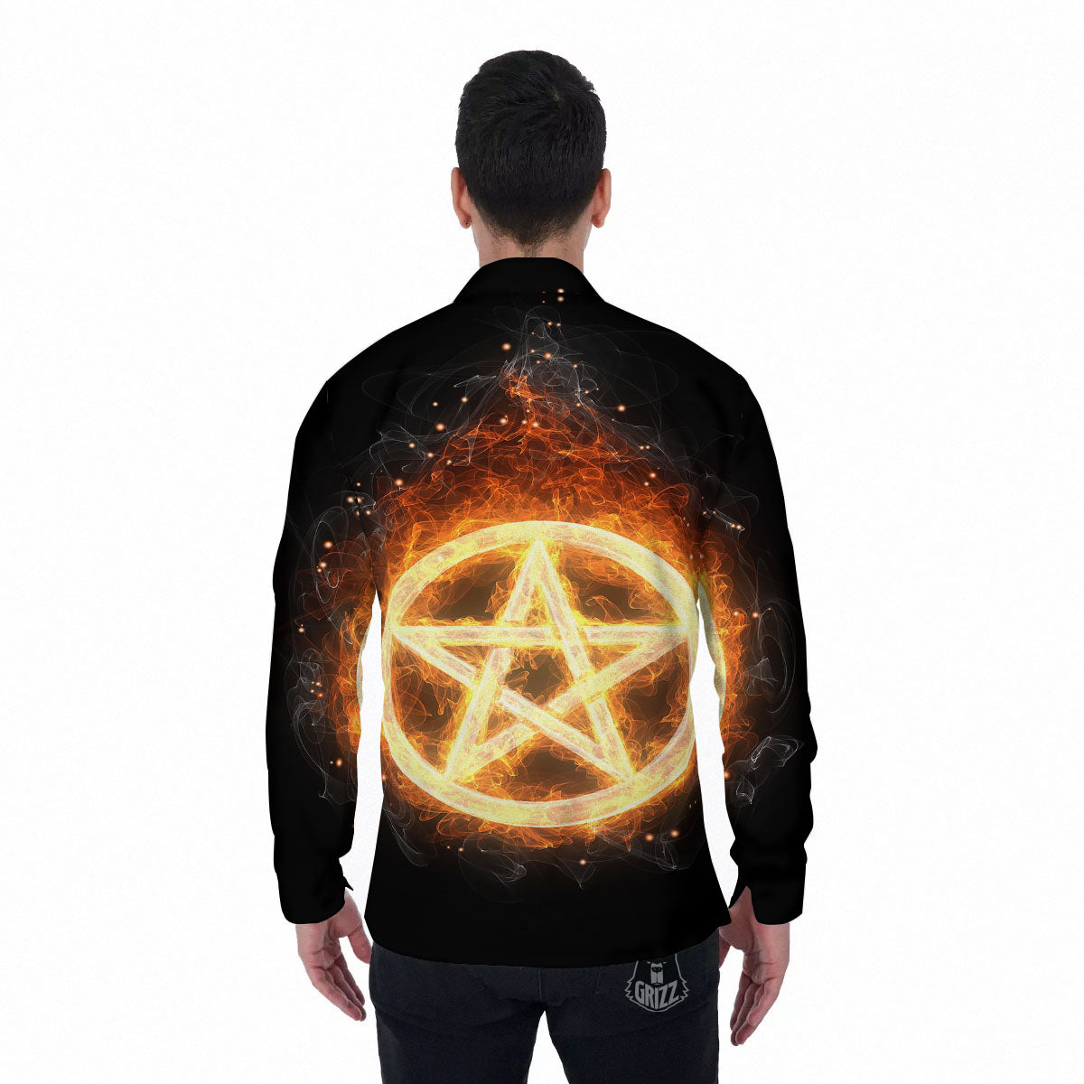 Pentagram Flame Print Men's Long Sleeve Shirts-grizzshop