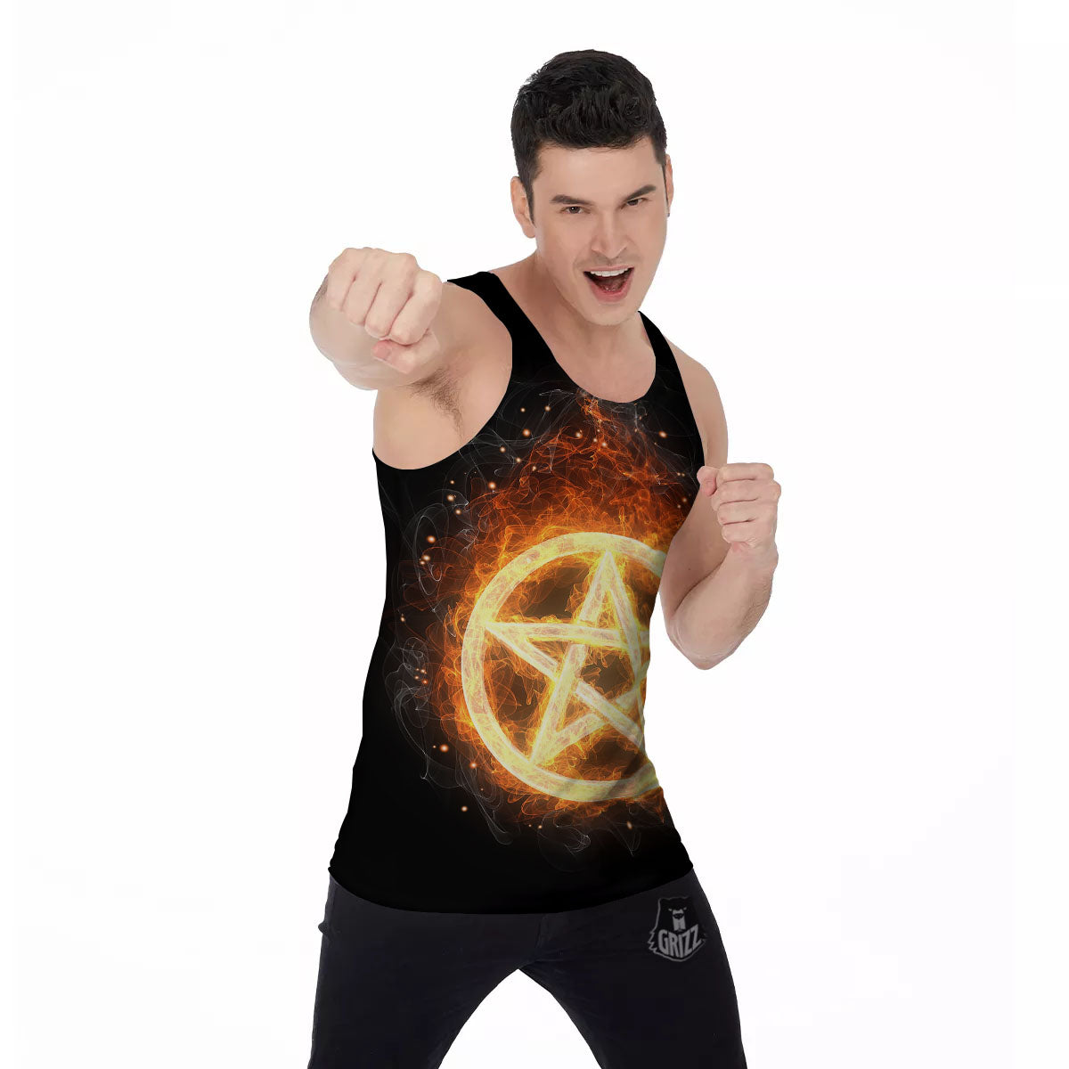 Pentagram Flame Print Men's Tank Top-grizzshop