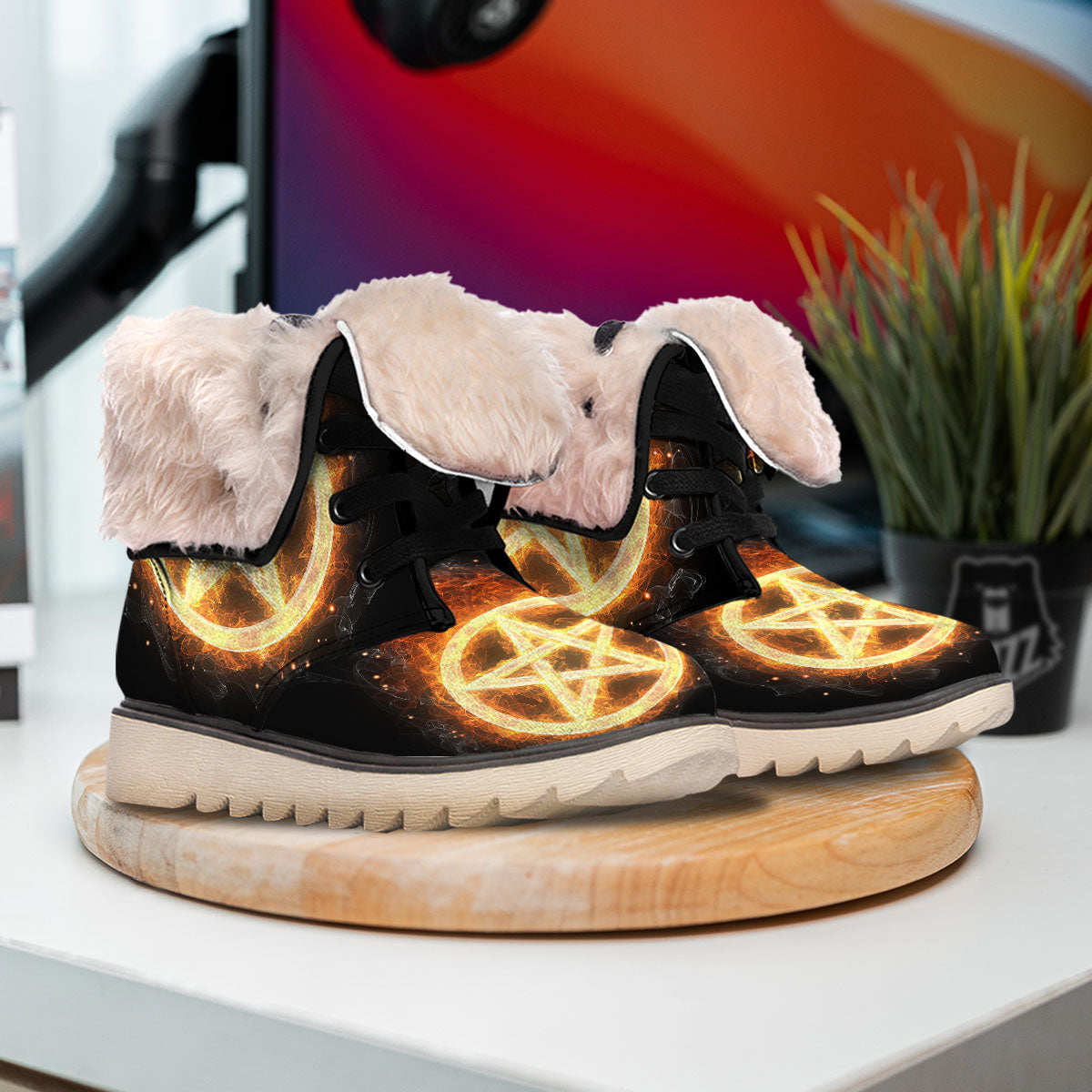 Pentagram Flame Print Snow Boots-grizzshop