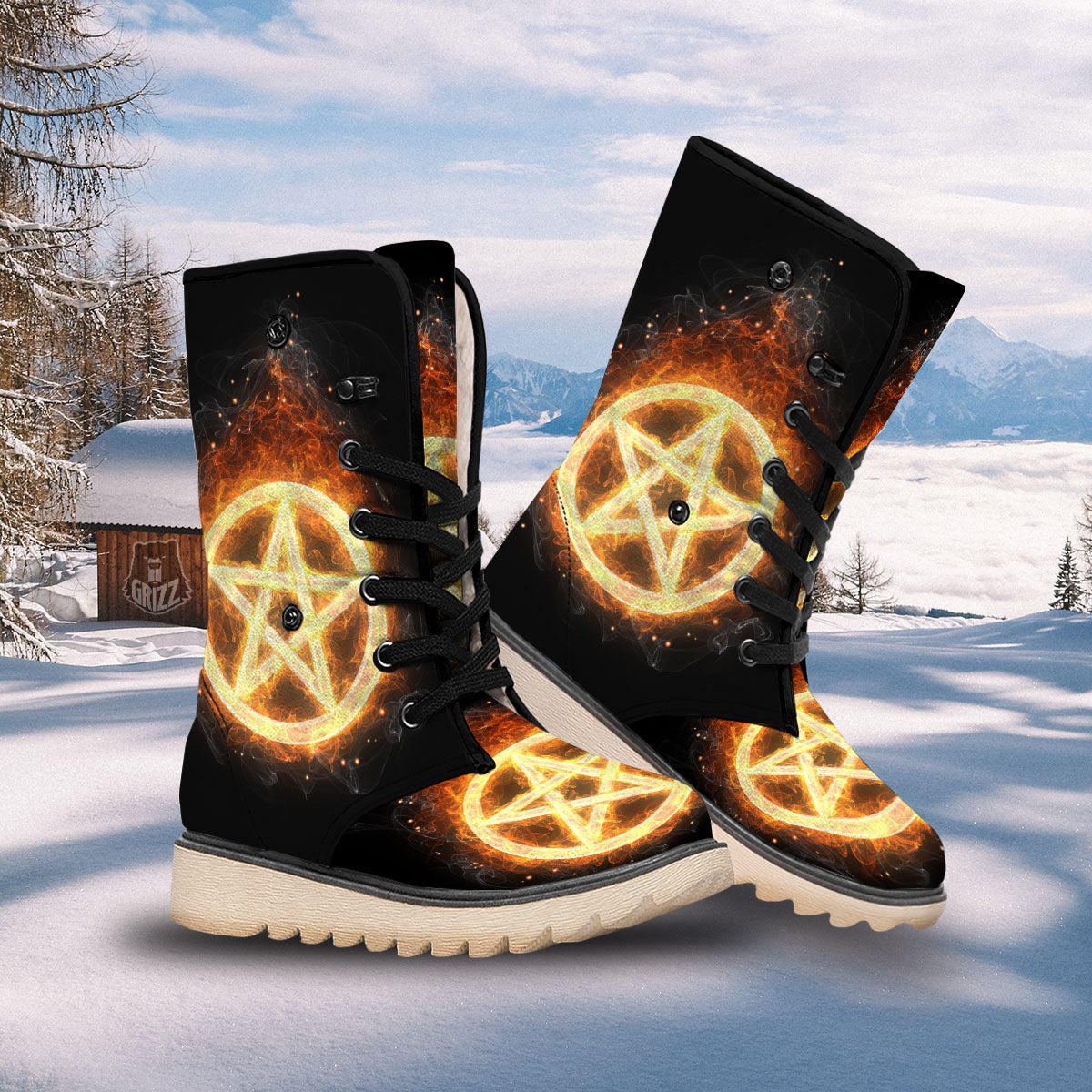 Pentagram Flame Print Snow Boots-grizzshop