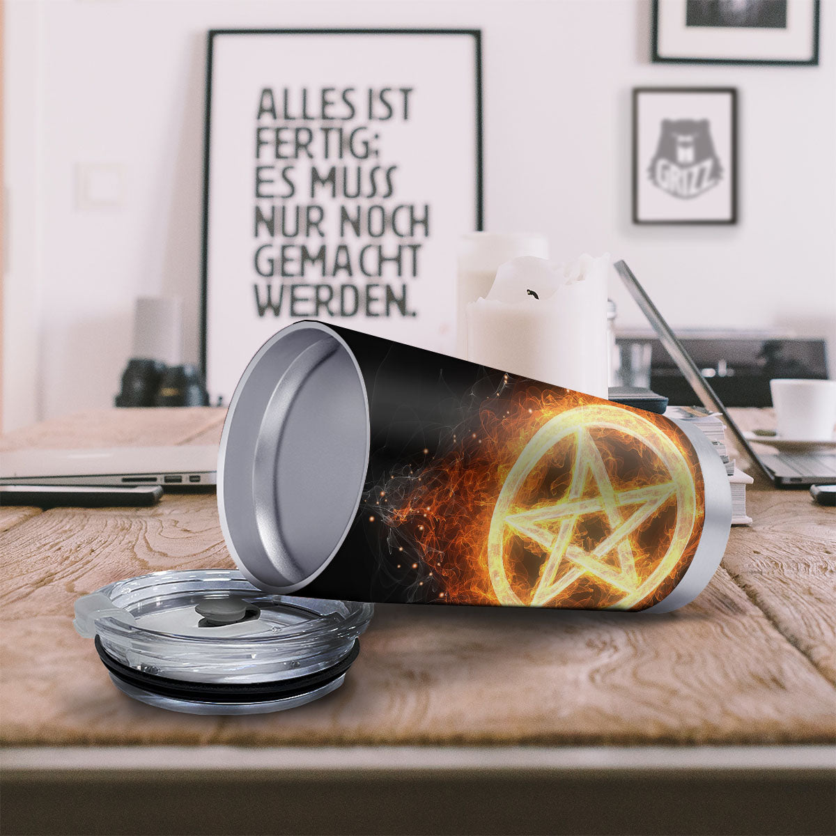 Pentagram Flame Print Tumbler-grizzshop